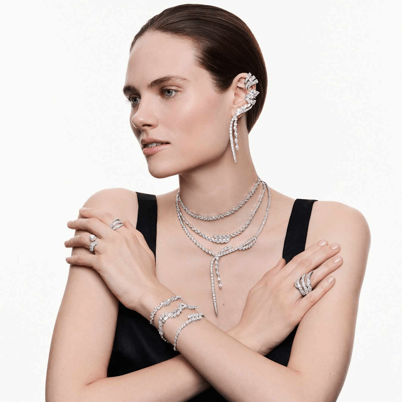 Mesmera bracelet, Marquise cut, White, Rhodium plated - Swarovski
