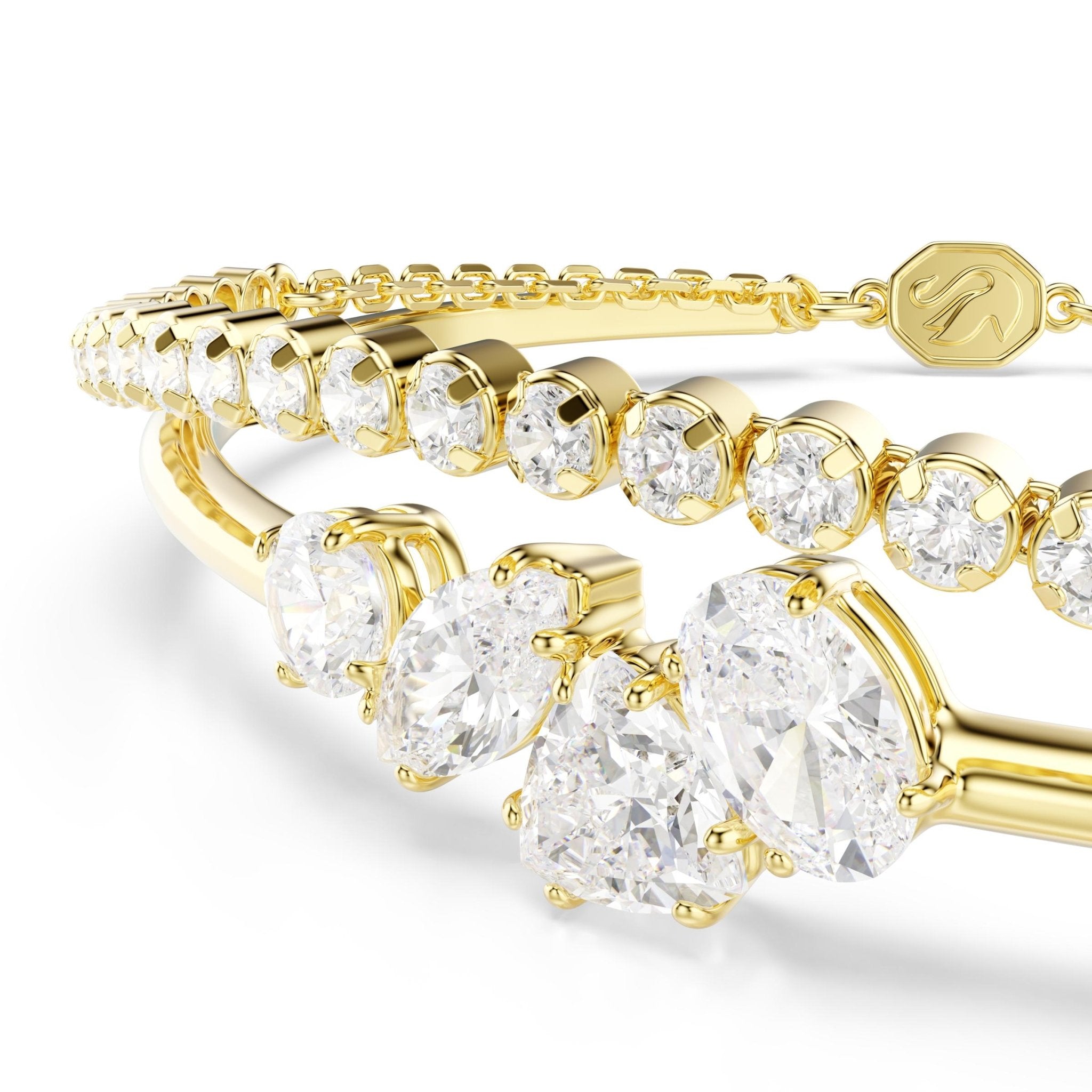 Mesmera double bracelet, Mixed cuts, White, 18K gold finish - Swarovski