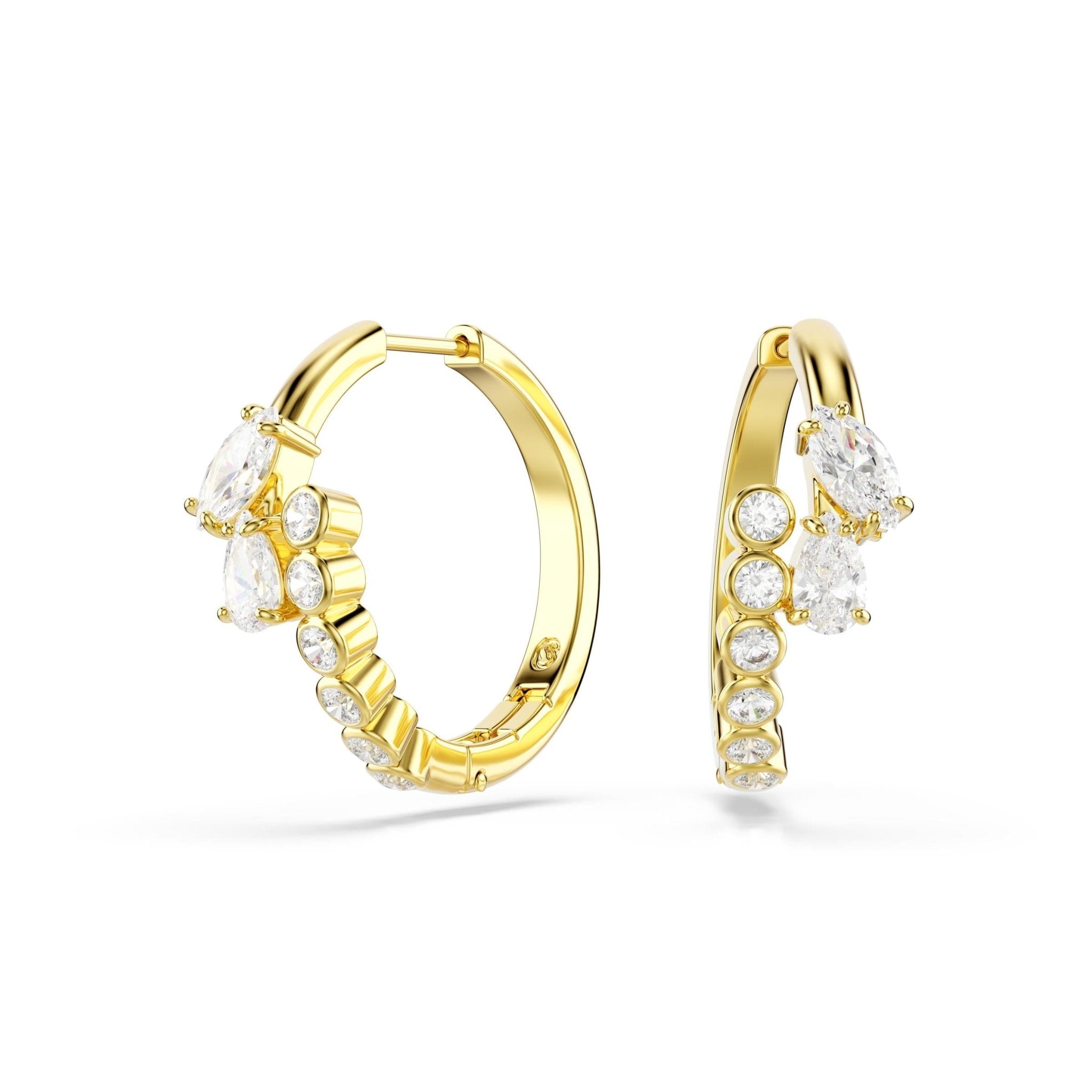 Mesmera hoop earrings, Mixed cuts, White, 18K gold finish -Swarovski
