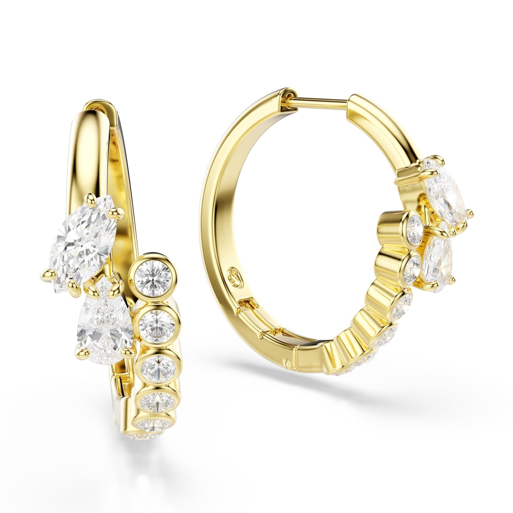 Mesmera hoop earrings, Mixed cuts, White, 18K gold finish -Swarovski