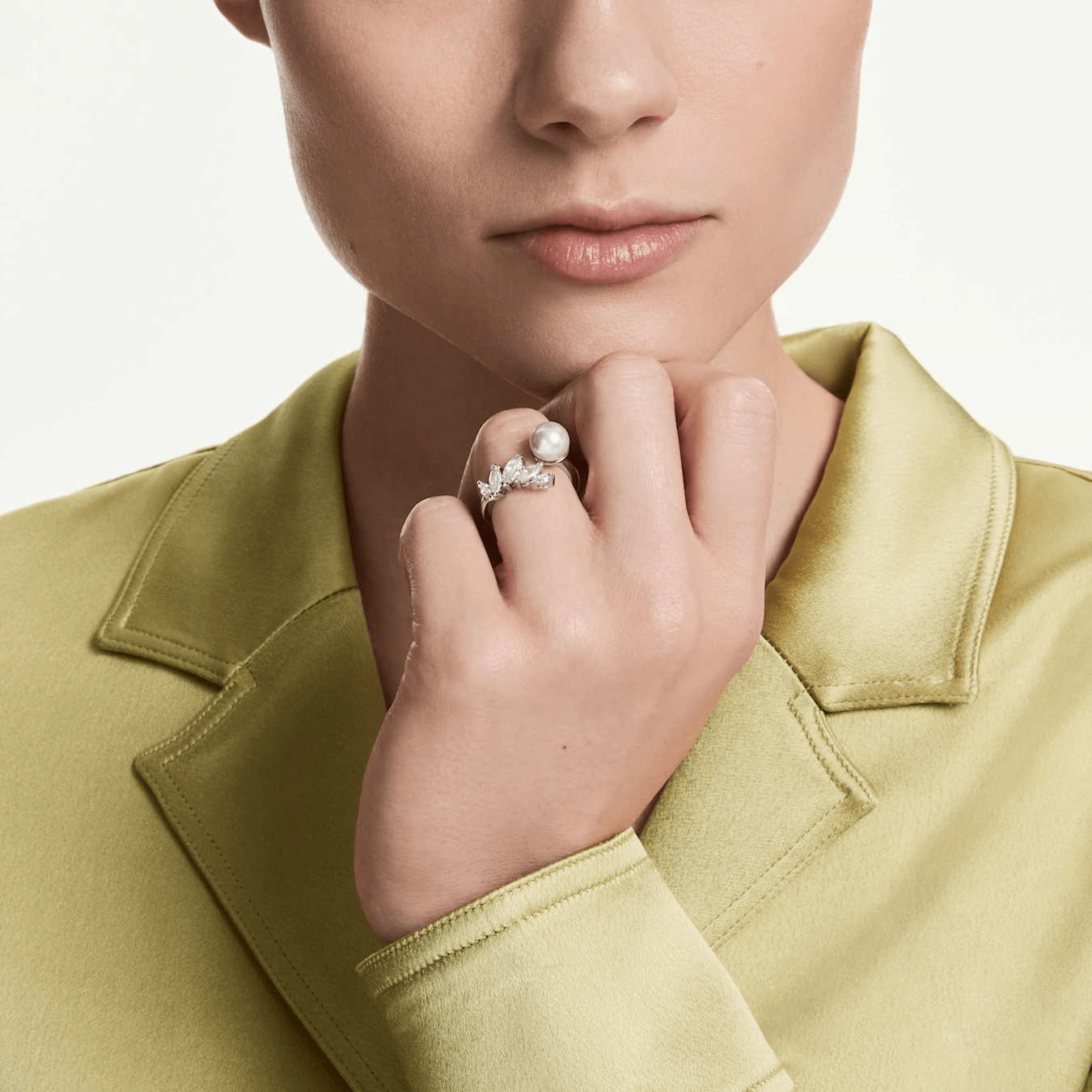 Mesmera open ring, Crystal pearl, Marquise cut, White, Rhodium plated -Swarovski