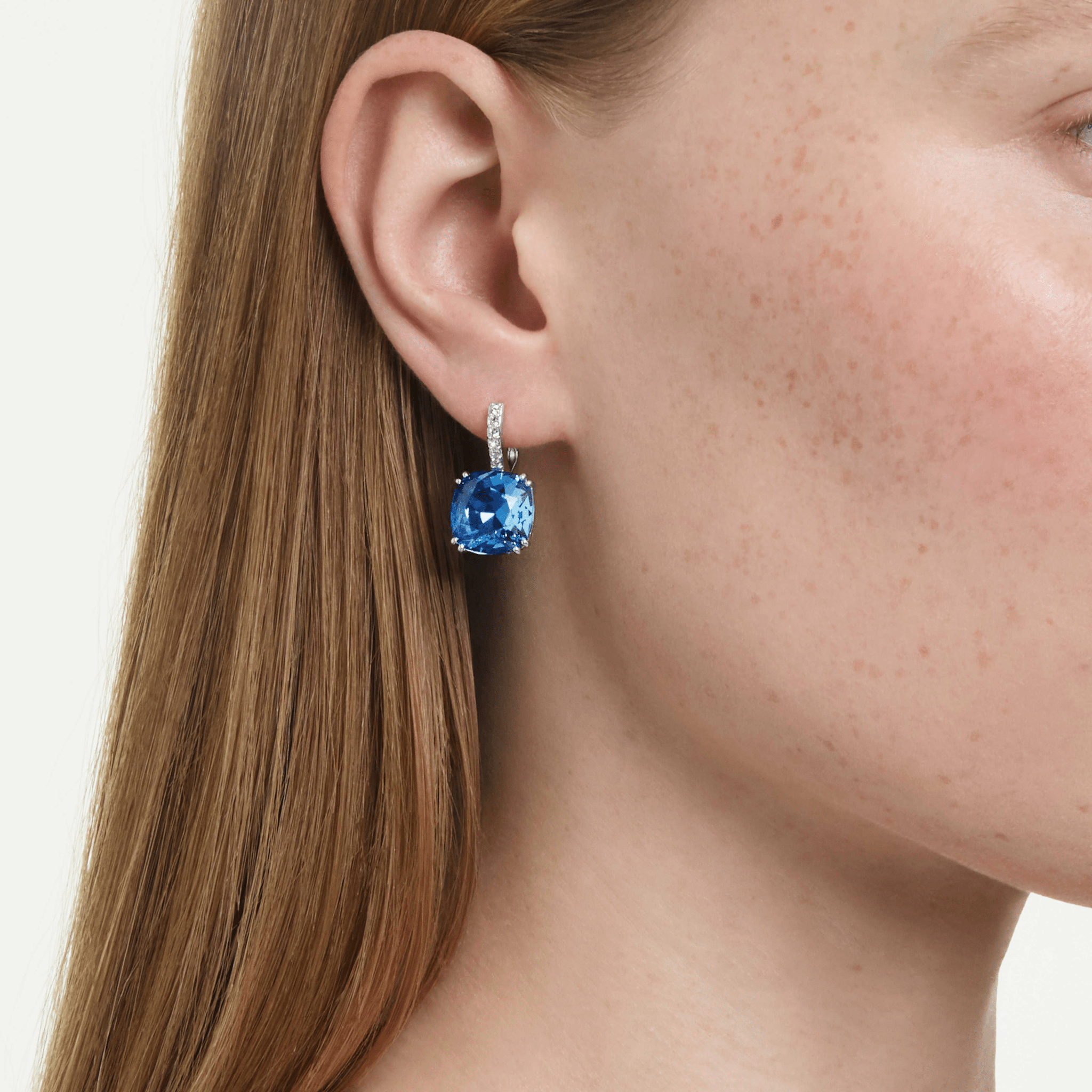 Millenia drop earrings, Cushion cut, Blue, Rhodium plated -Swarovski