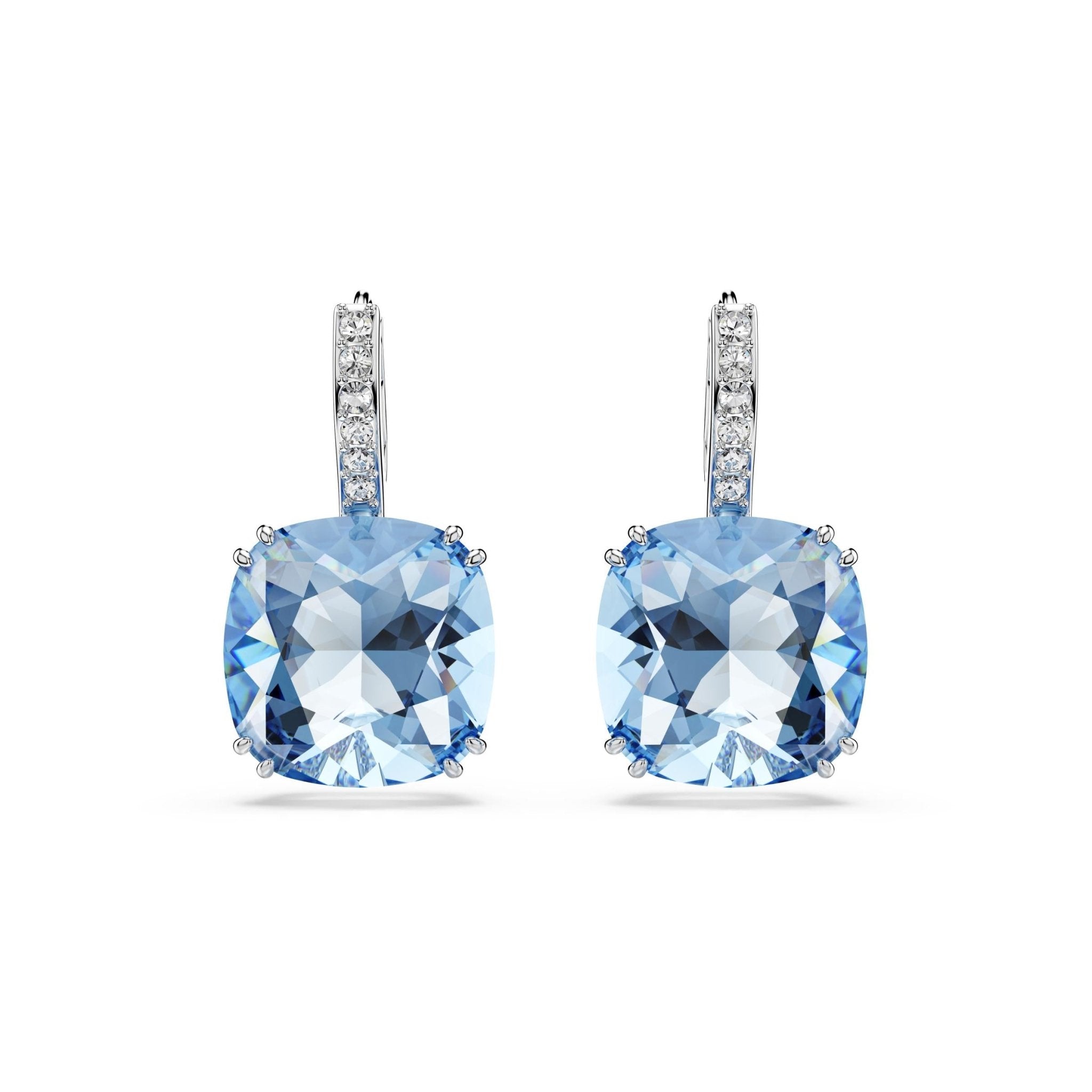 Millenia drop earrings, Cushion cut, Blue, Rhodium plated -Swarovski