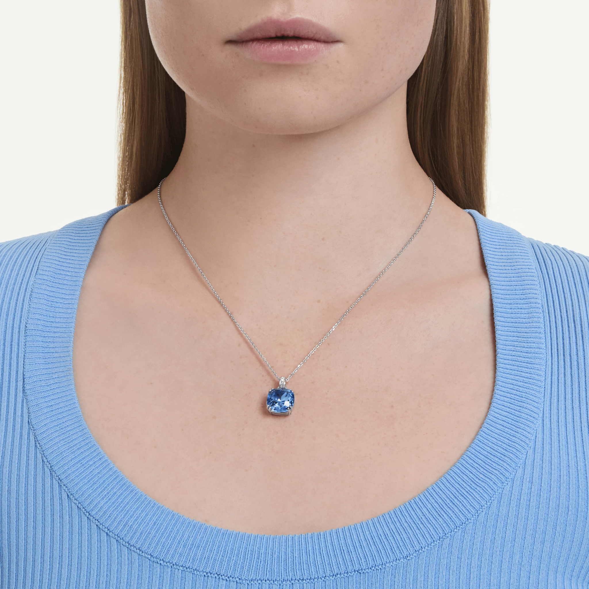 Millenia pendant, Cushion cut, Blue, Rhodium plated -Swarovski