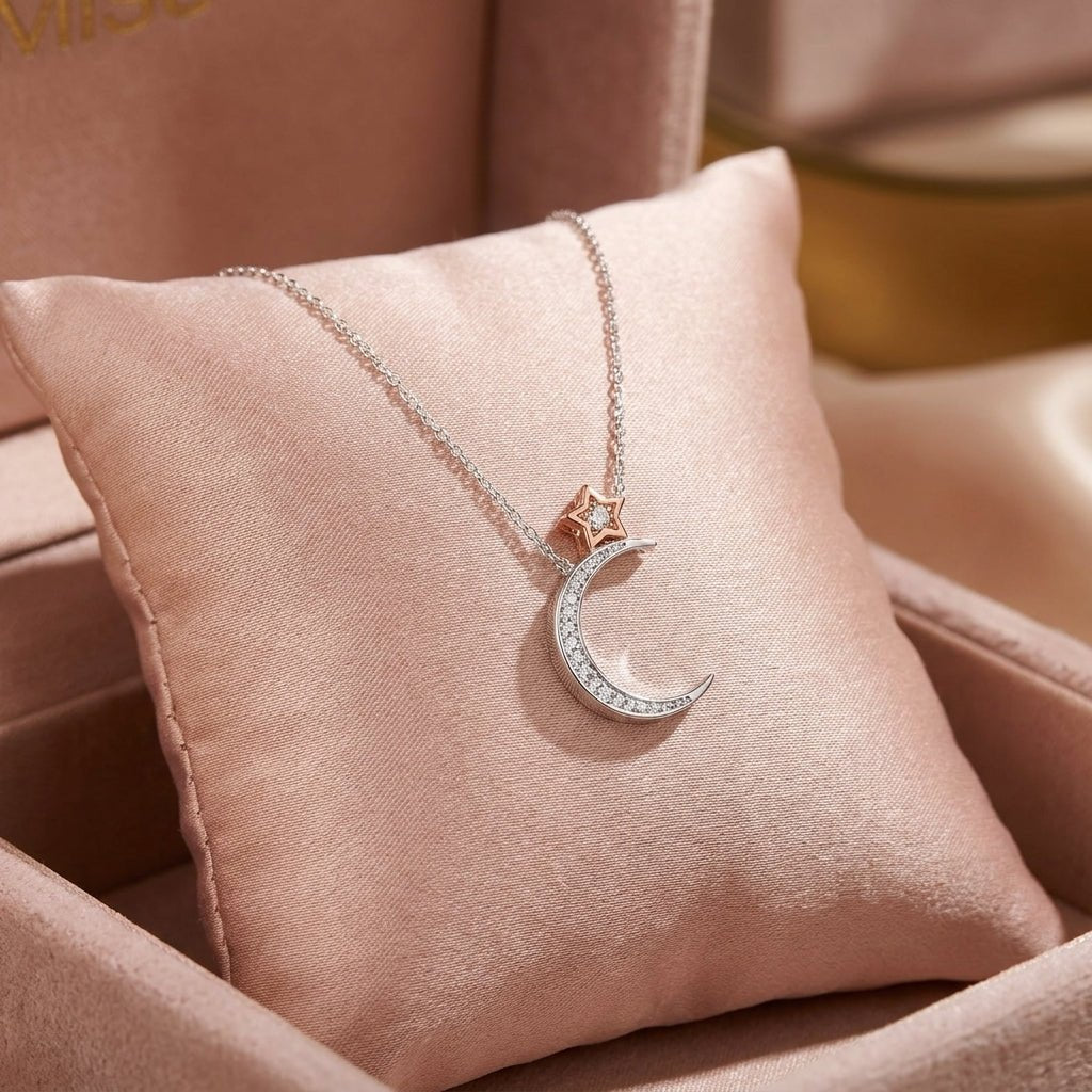 MISU 925 Sterling Silver And Rose Gold Moon With Star Necklace -Misu
