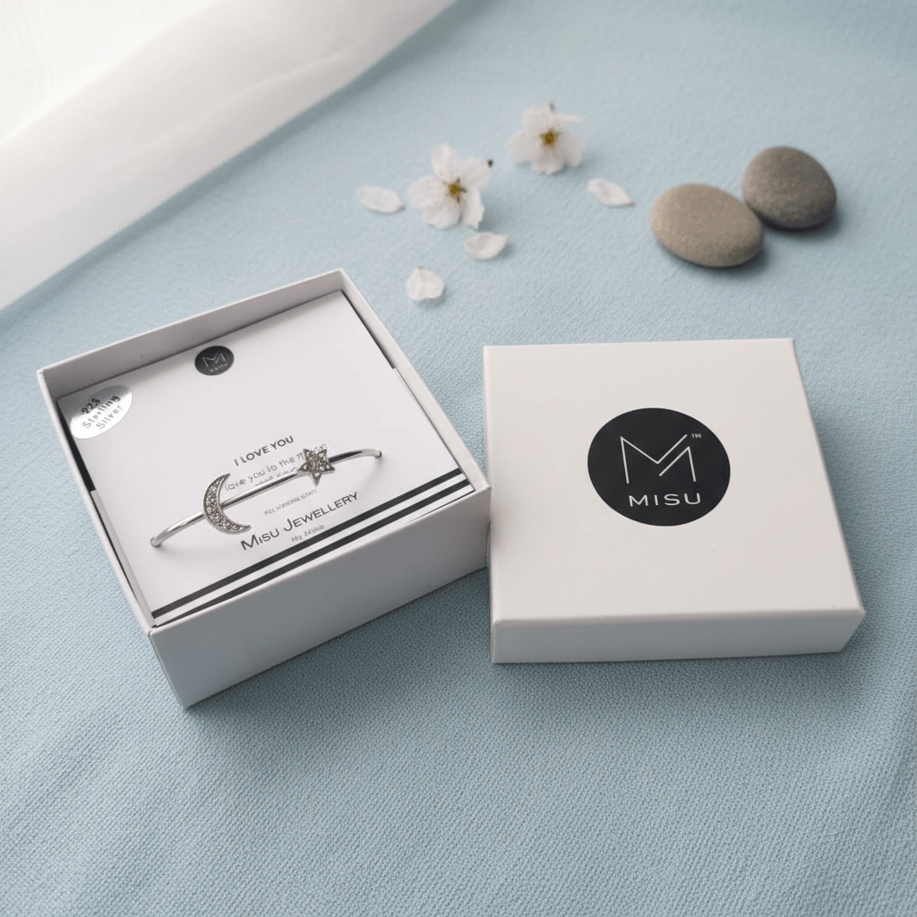 MISU 925 Sterling Silver Bracelet Cuff Moon & Star -Misu