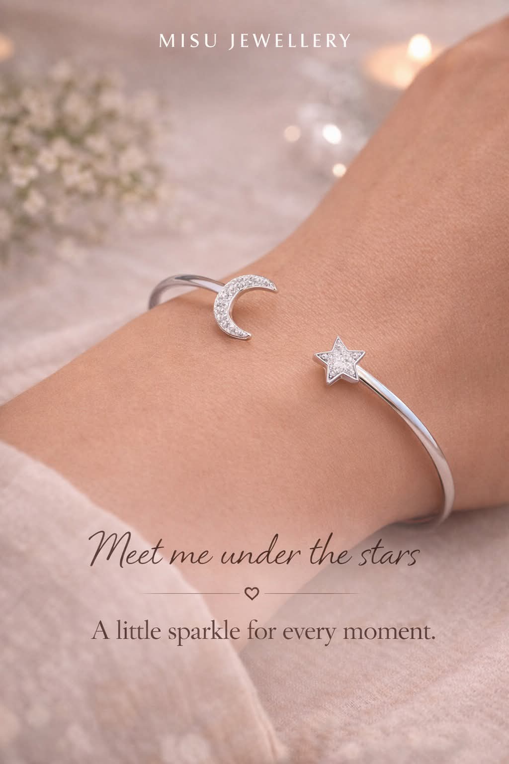 MISU 925 Sterling Silver Bracelet Cuff Moon & Star -Misu