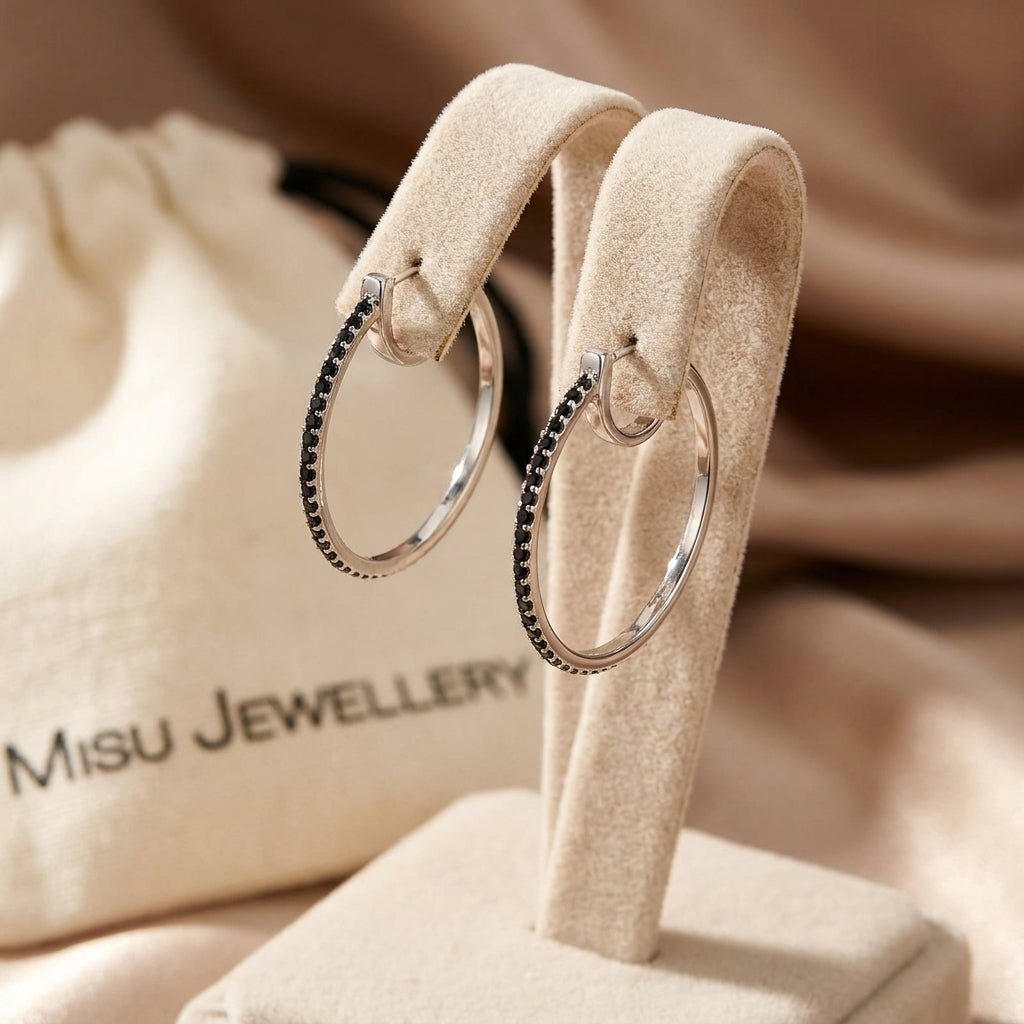 MISU 925 Sterling Silver Midnight Bling Hoops -Misu