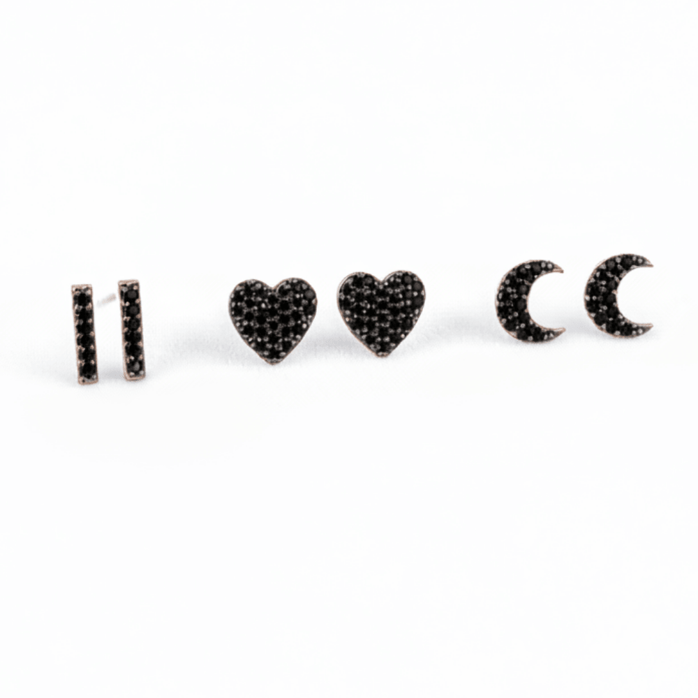 MISU 925 Sterling Silver Midnight Studs Set Of 3 Earrings -Misu