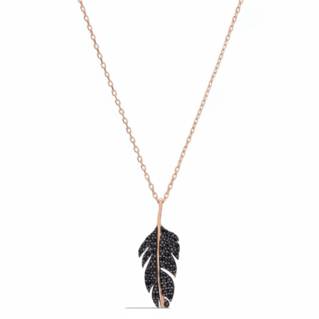 MISU 925 Sterling Silver Rose & Black Necklace Feather -Misu