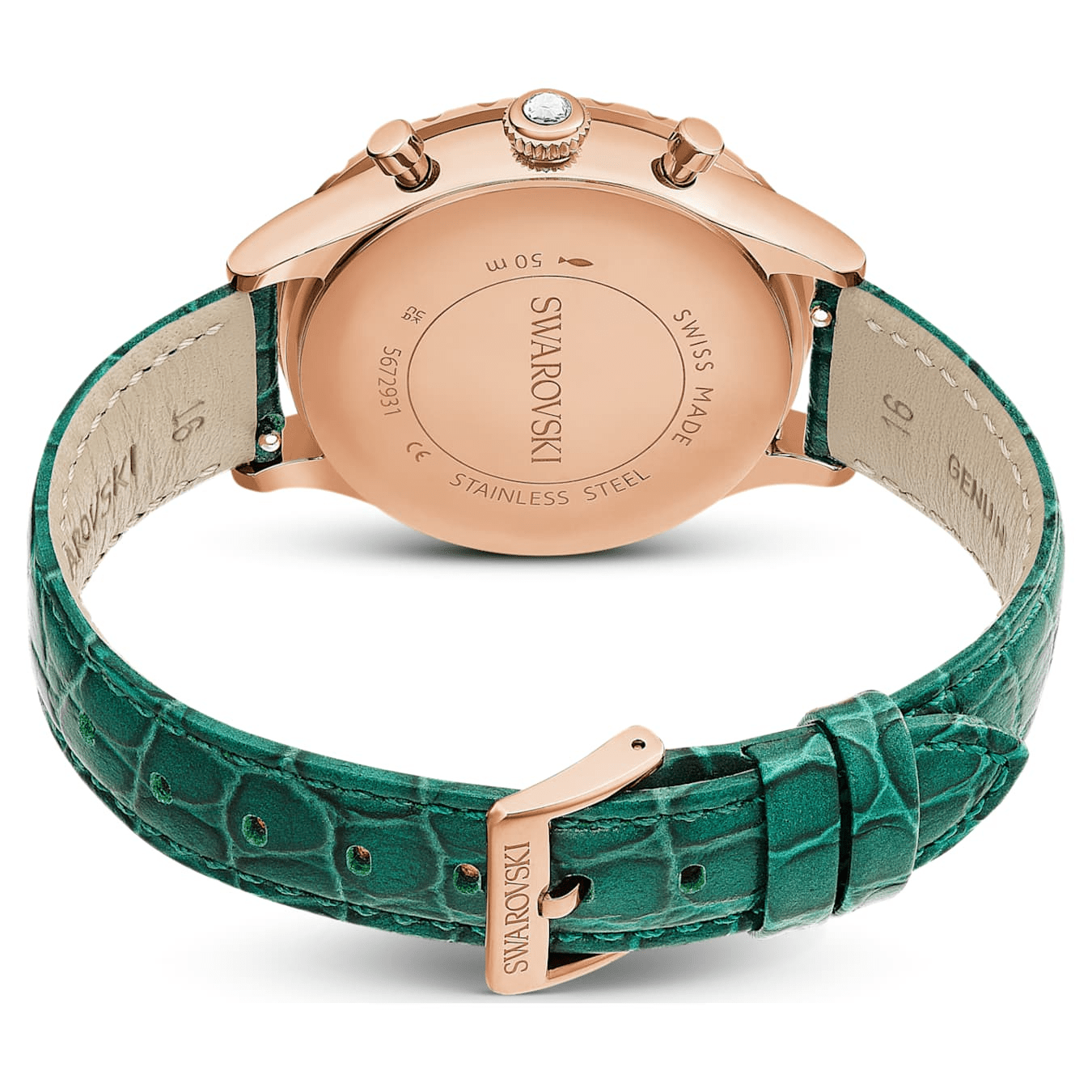 Octea Chrono Watch Swiss Made Leather Strap Green Rose gold-tone finish -Swarovski