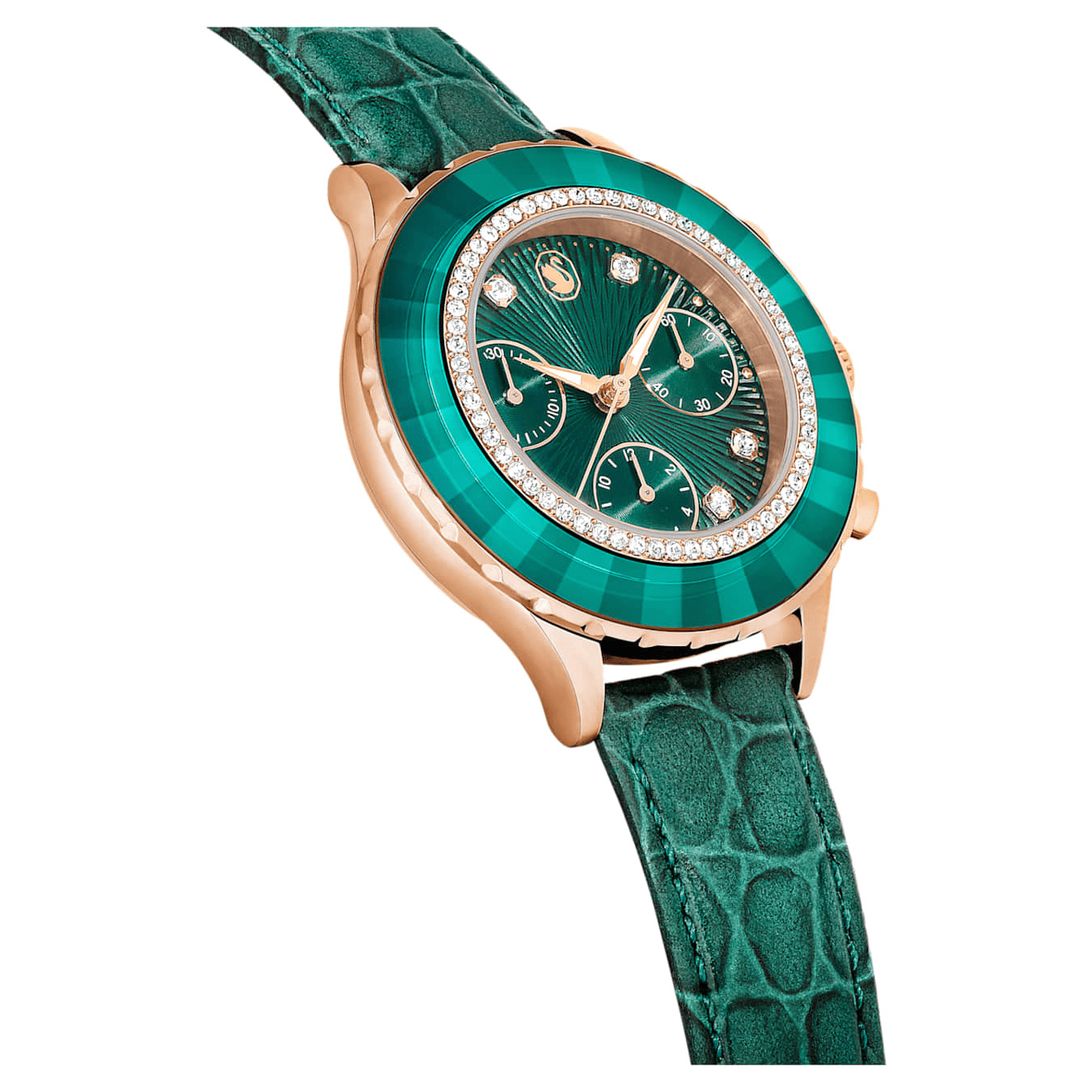 Octea Chrono Watch Swiss Made Leather Strap Green Rose gold-tone finish -Swarovski