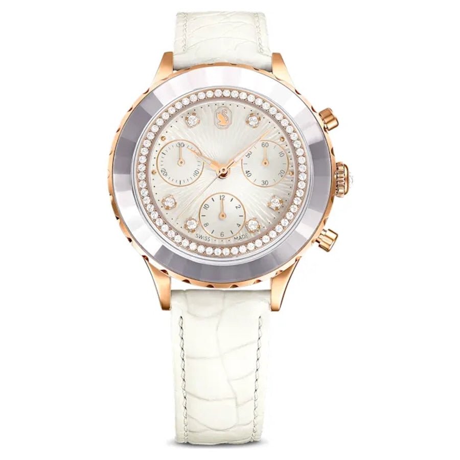 Octea Chrono Watch Swiss Made Leather Strap White Rose gold-tone finish -Swarovski