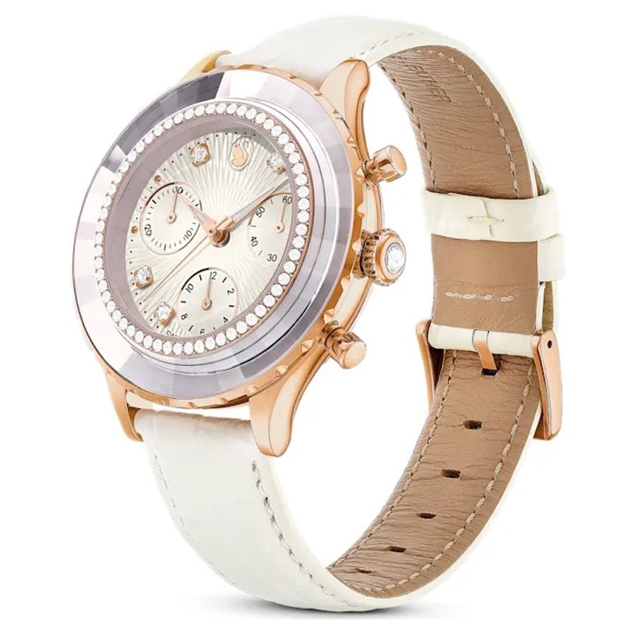 Octea Chrono Watch Swiss Made Leather Strap White Rose gold-tone finish -Swarovski