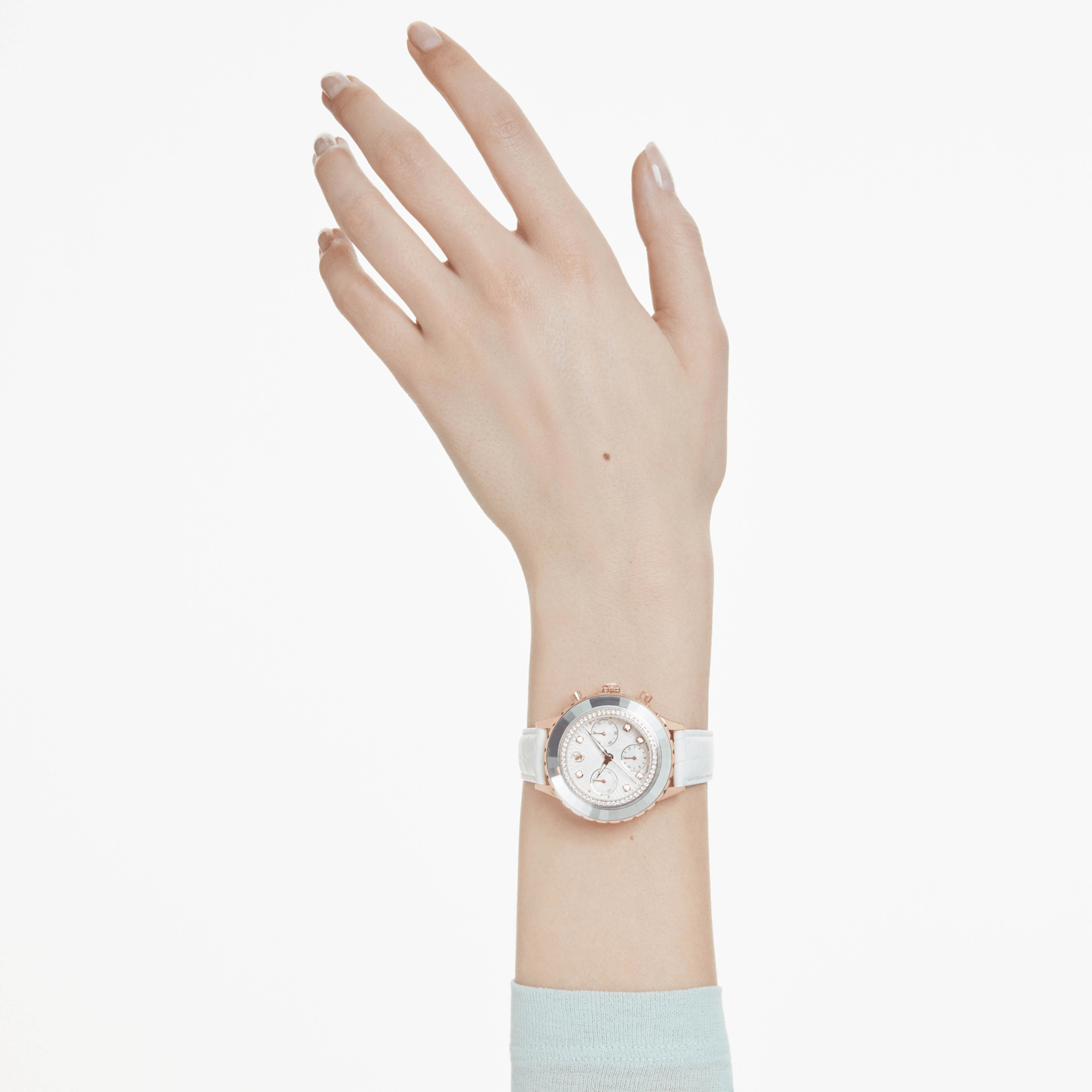Octea Chrono Watch Swiss Made Leather Strap White Rose gold-tone finish -Swarovski