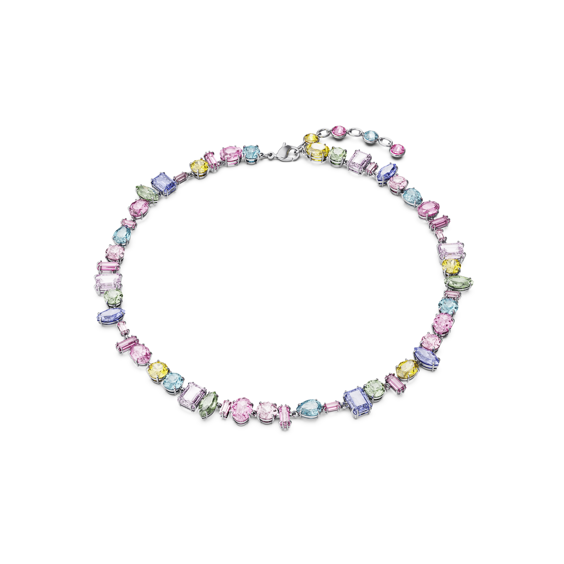 Swarovski Gema necklace with multicolored mixed cut crystals on rhodium-plated chain, elegant jewelry accessory.