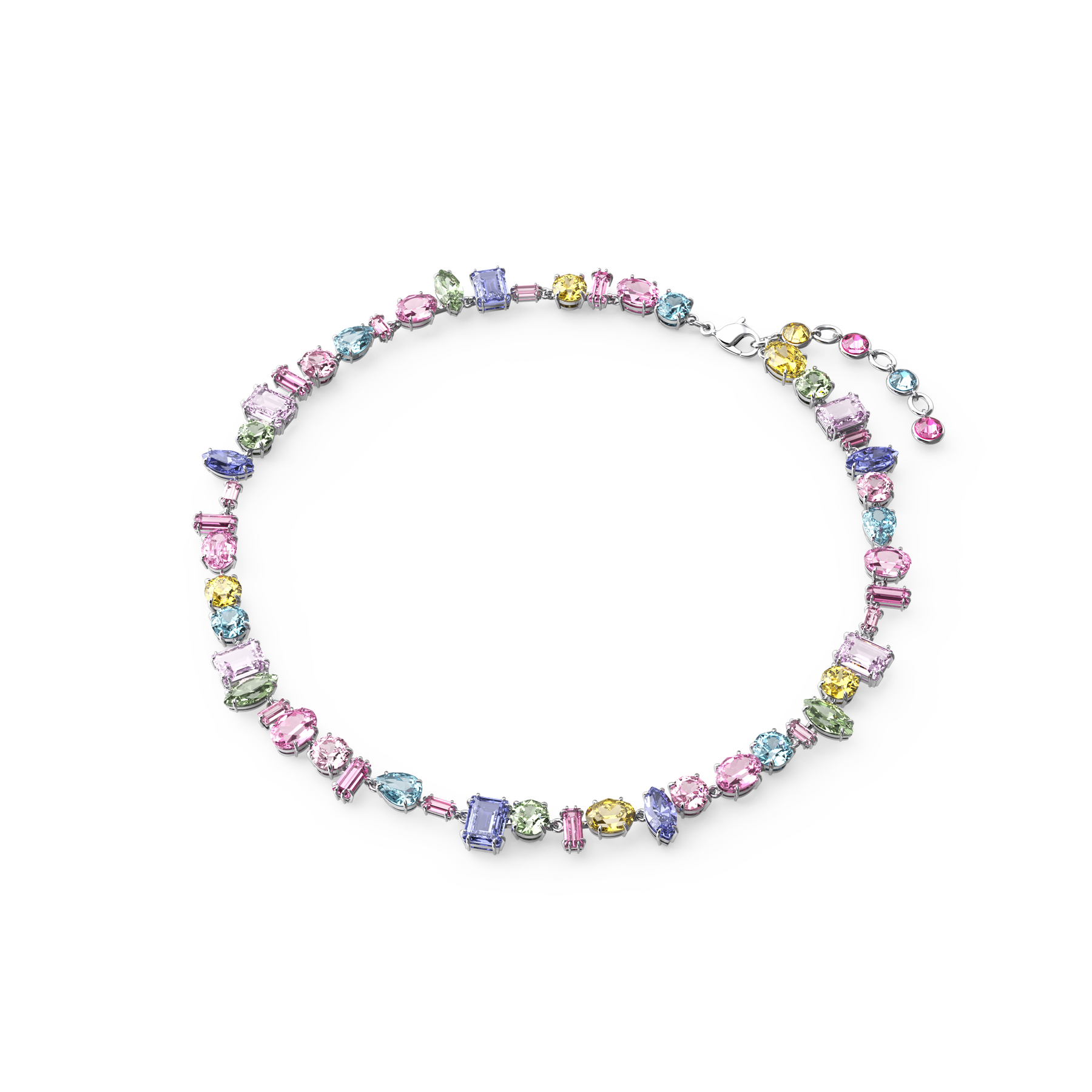 Swarovski Gema necklace with multicolored mixed-cut crystals and rhodium plating, showcasing a stylish and vibrant jewelry piece.