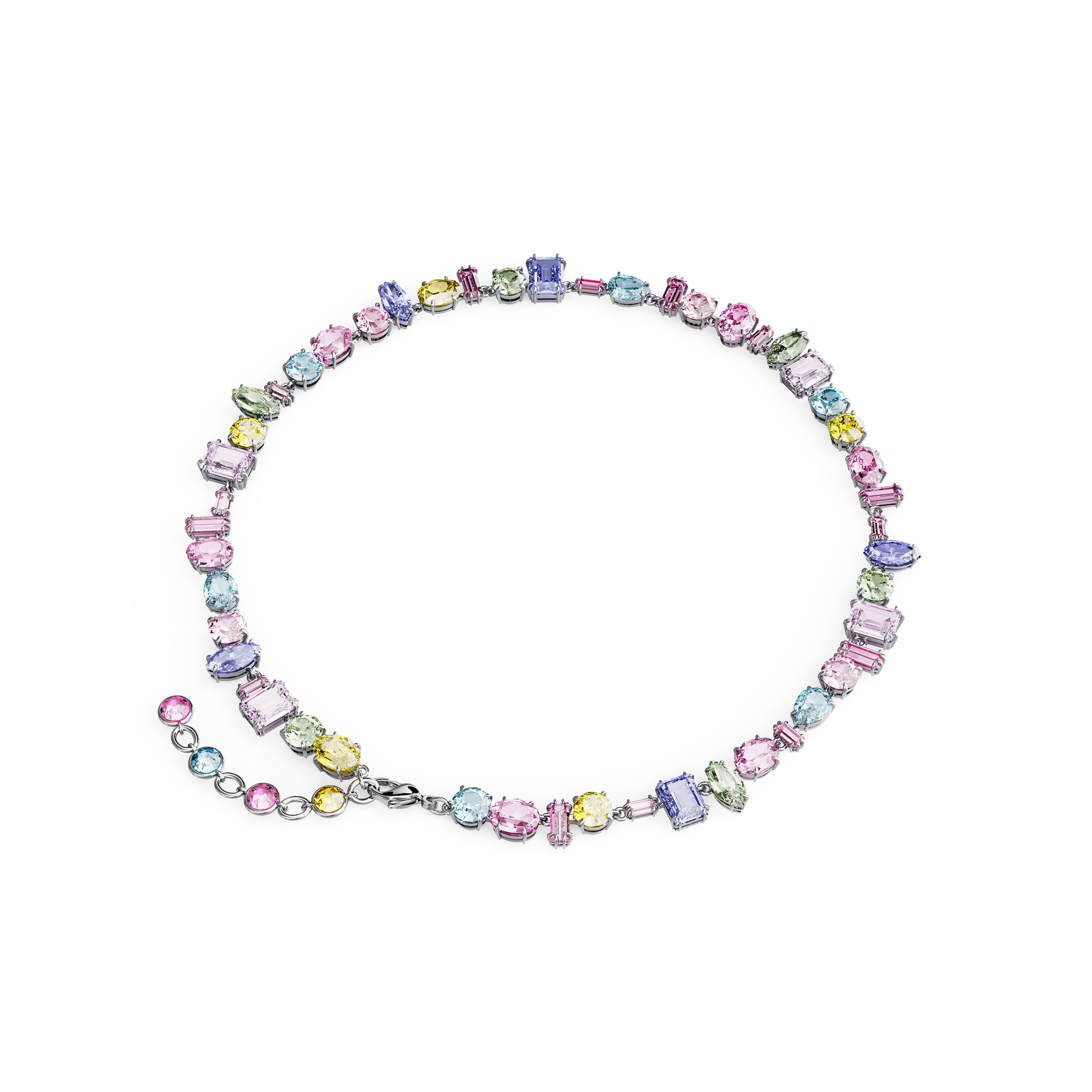 Swarovski Gema necklace with multicolored mixed-cut crystals and rhodium plating, showcasing a shimmering, elegant jewelry piece.