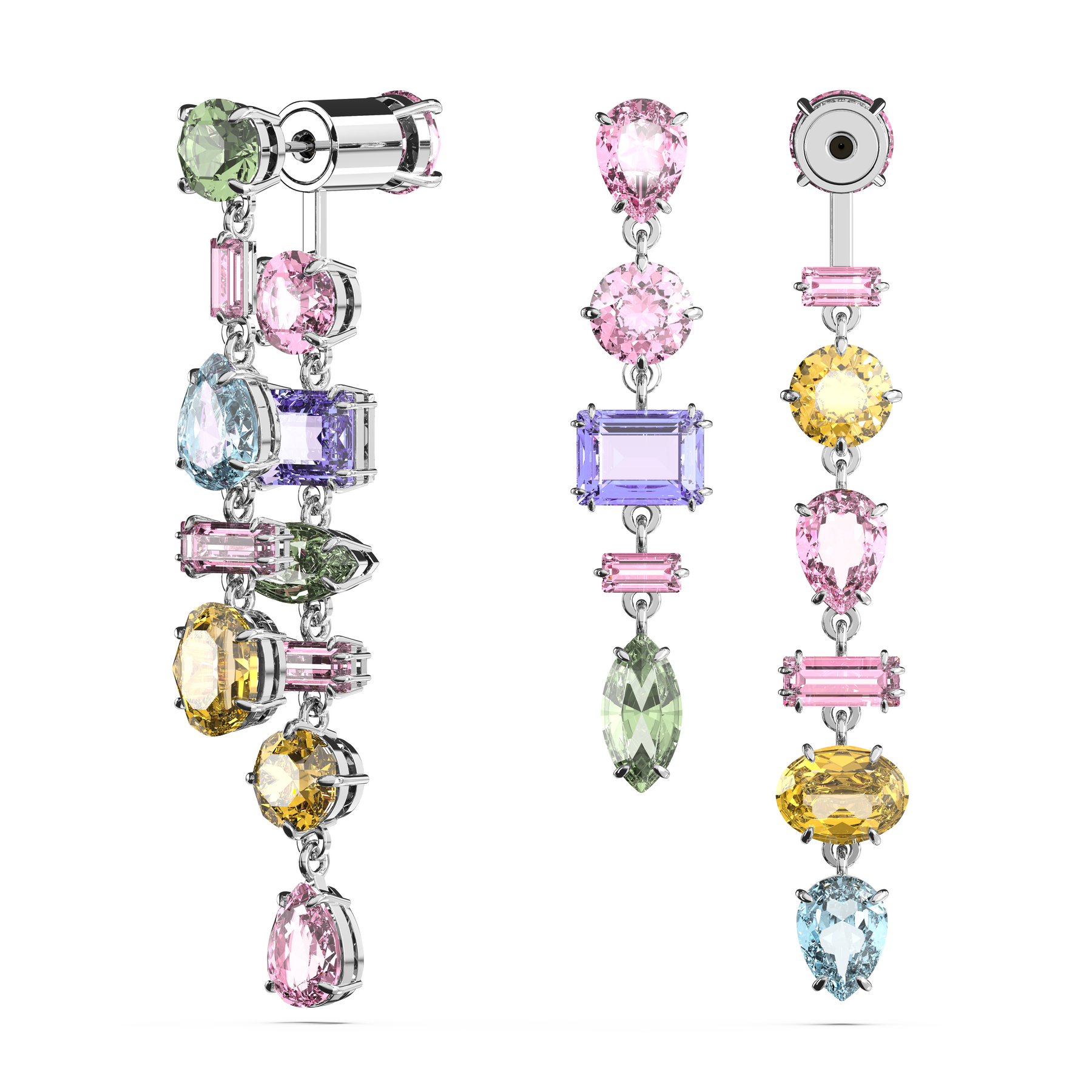 Swarovski Gema Drop Earrings with asymmetrical design, mixed cuts, multicolored stones, rhodium plating, long and elegant.