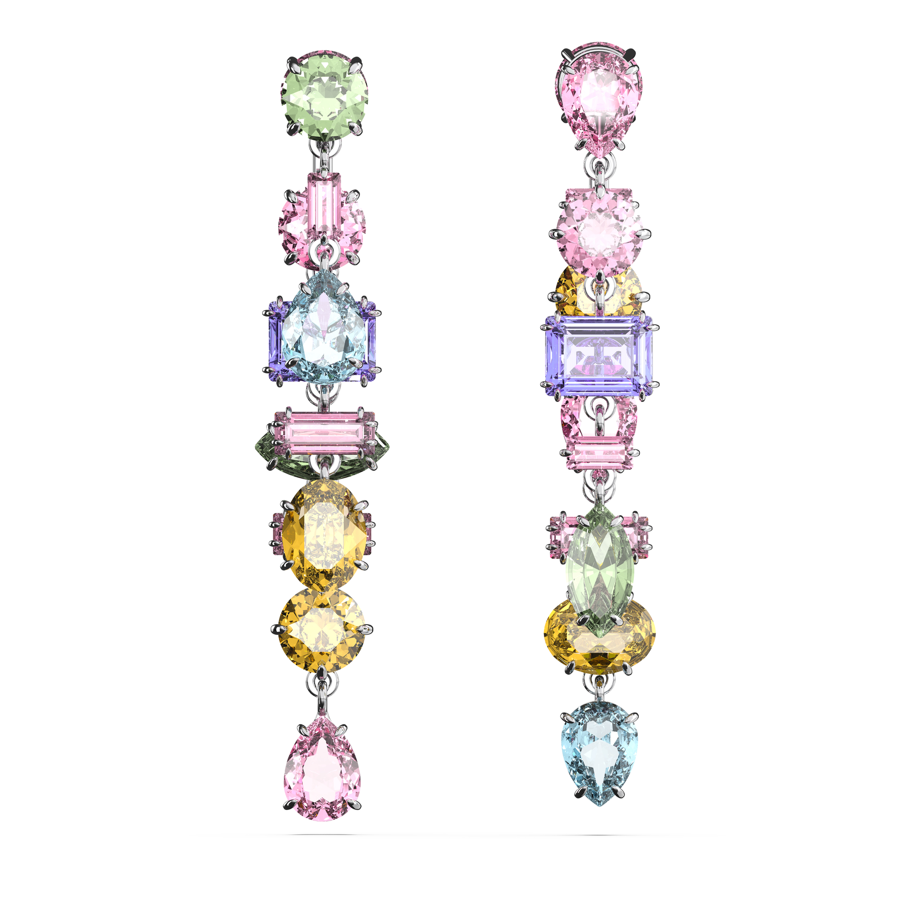 Swarovski Gema Drop Earrings with asymmetrical design, multicoloured mixed cuts, long length, rhodium plated jewelry.