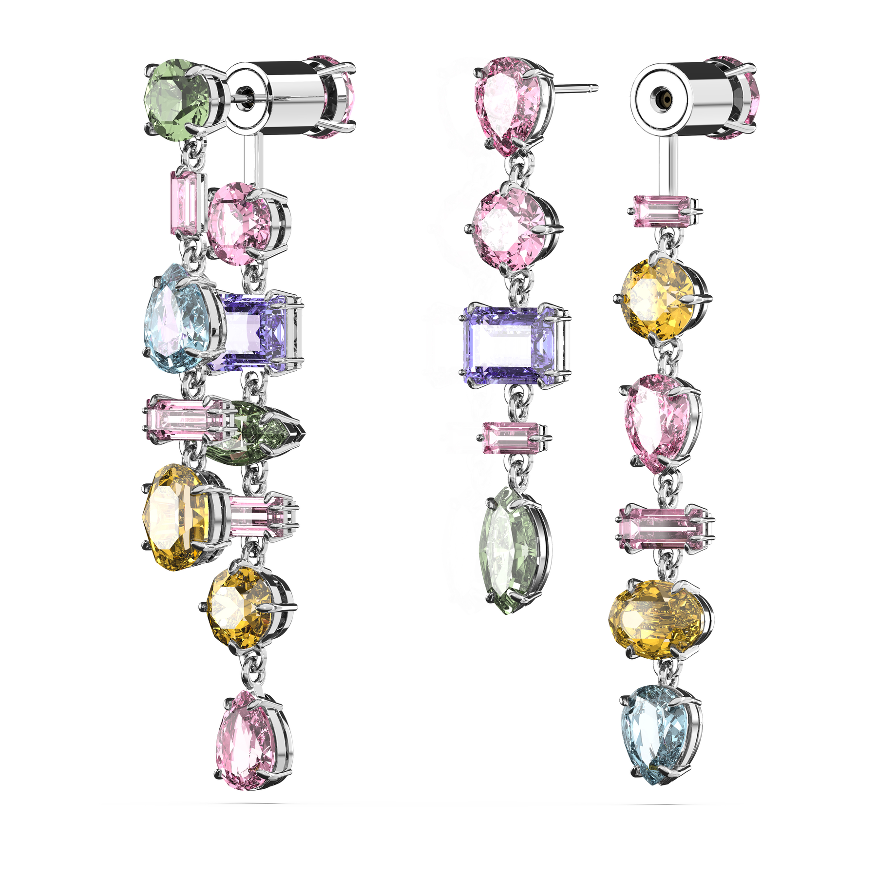 Swarovski Gema Drop Earrings with asymmetrical mixed-cut multicolored crystals, long design, rhodium-plated jewelry.