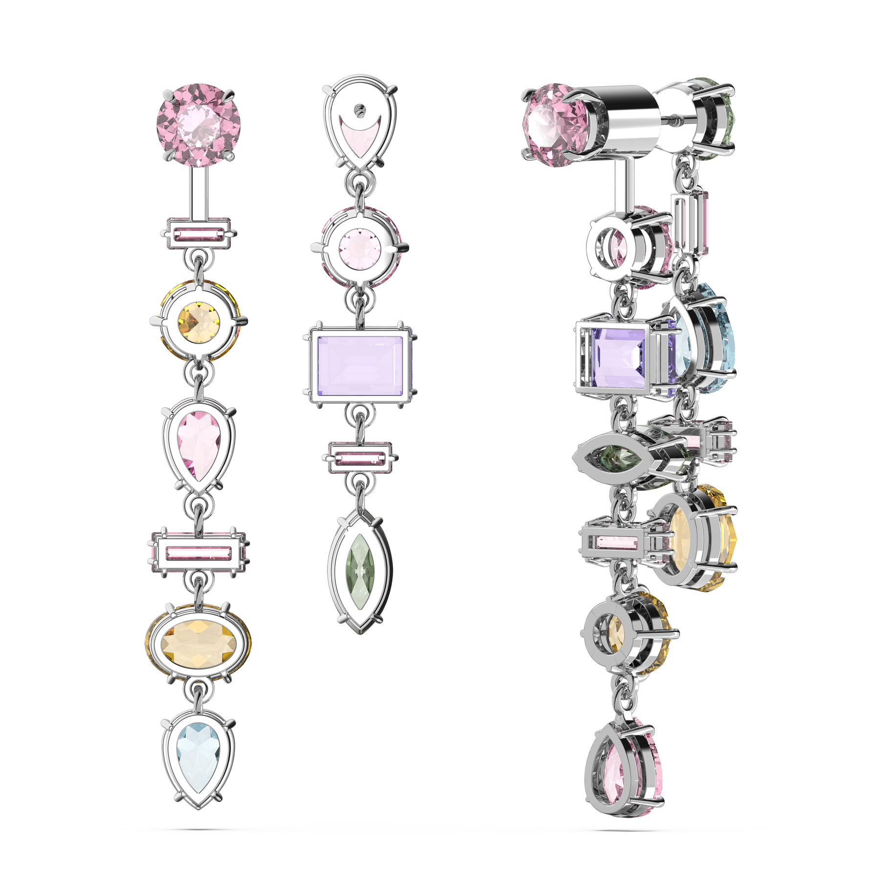 Swarovski Gema Drop Earrings with asymmetrical design, multicolored crystals, mixed cuts, rhodium plating, long and elegant.