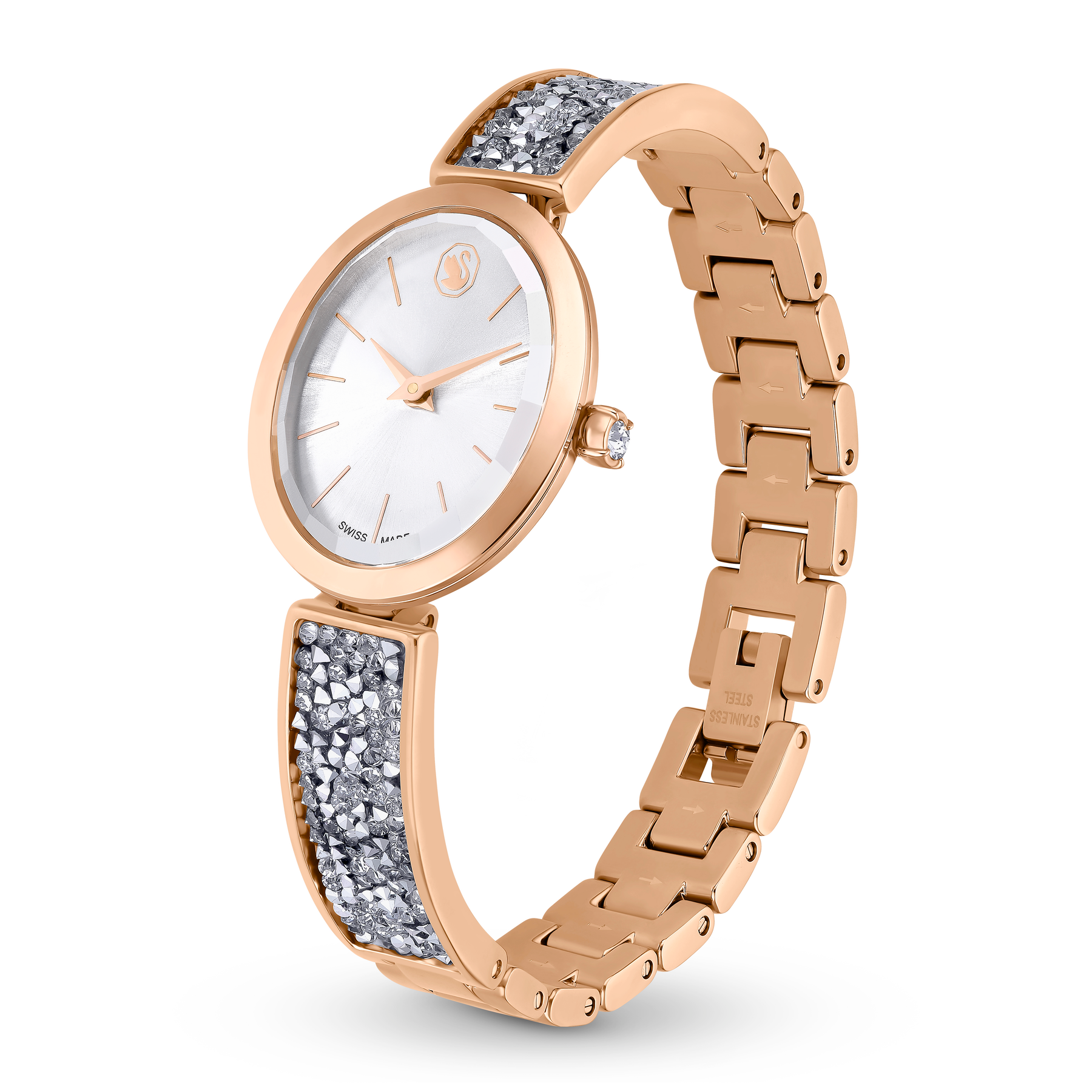 Swarovski Crystal Rock oval watch with silver-tone metal bracelet and rose gold-tone finish, featuring sparkling crystal accents.
