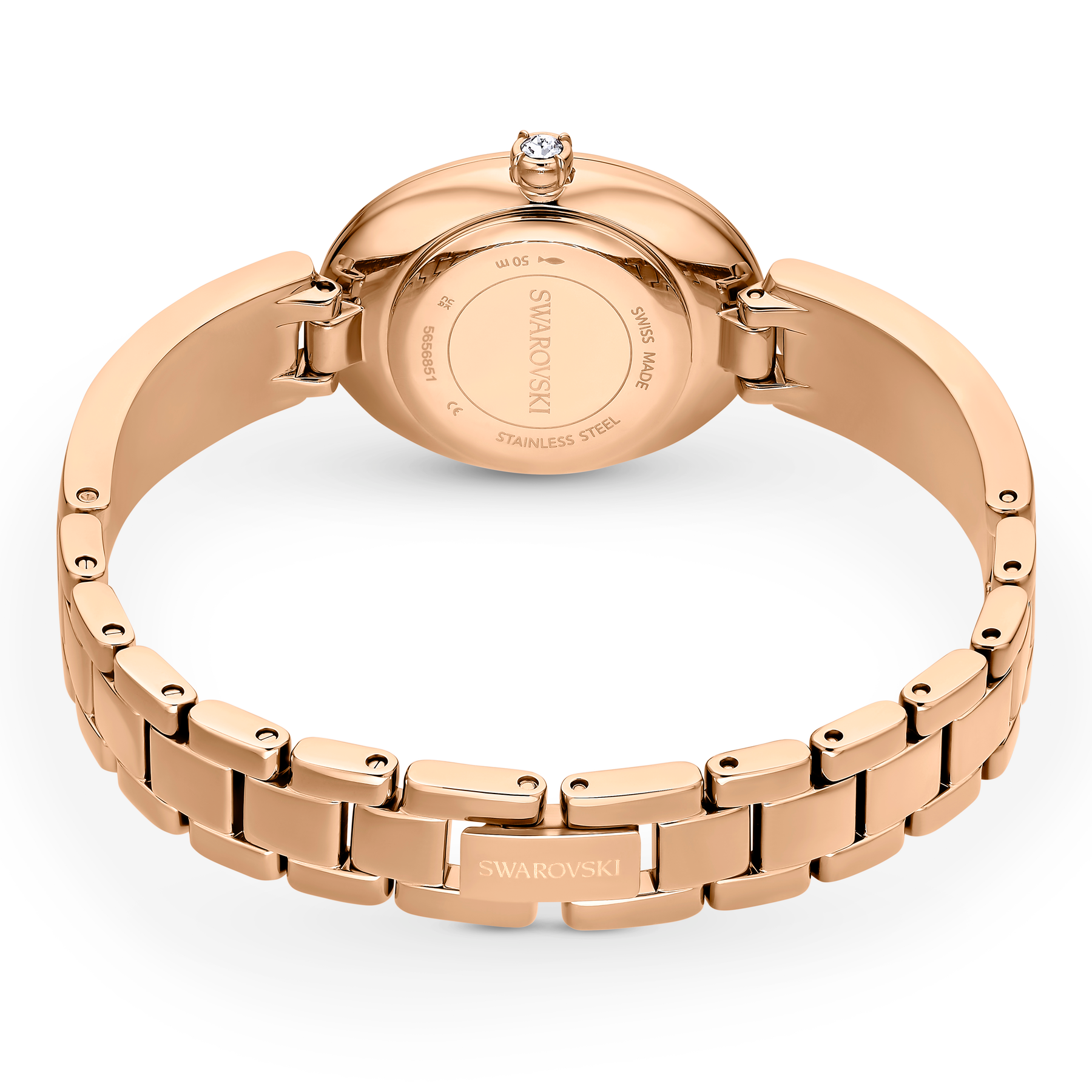 Swarovski Crystal Rock Oval watch with silver-tone metal bracelet and rose gold-tone finish, featuring sparkling crystal accents.