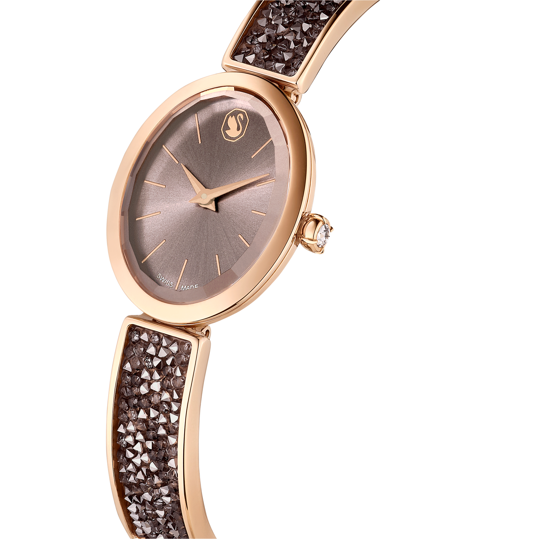 Swarovski Crystal Rock oval Swiss-made watch with a gray crystal bracelet and rose gold-tone finish.