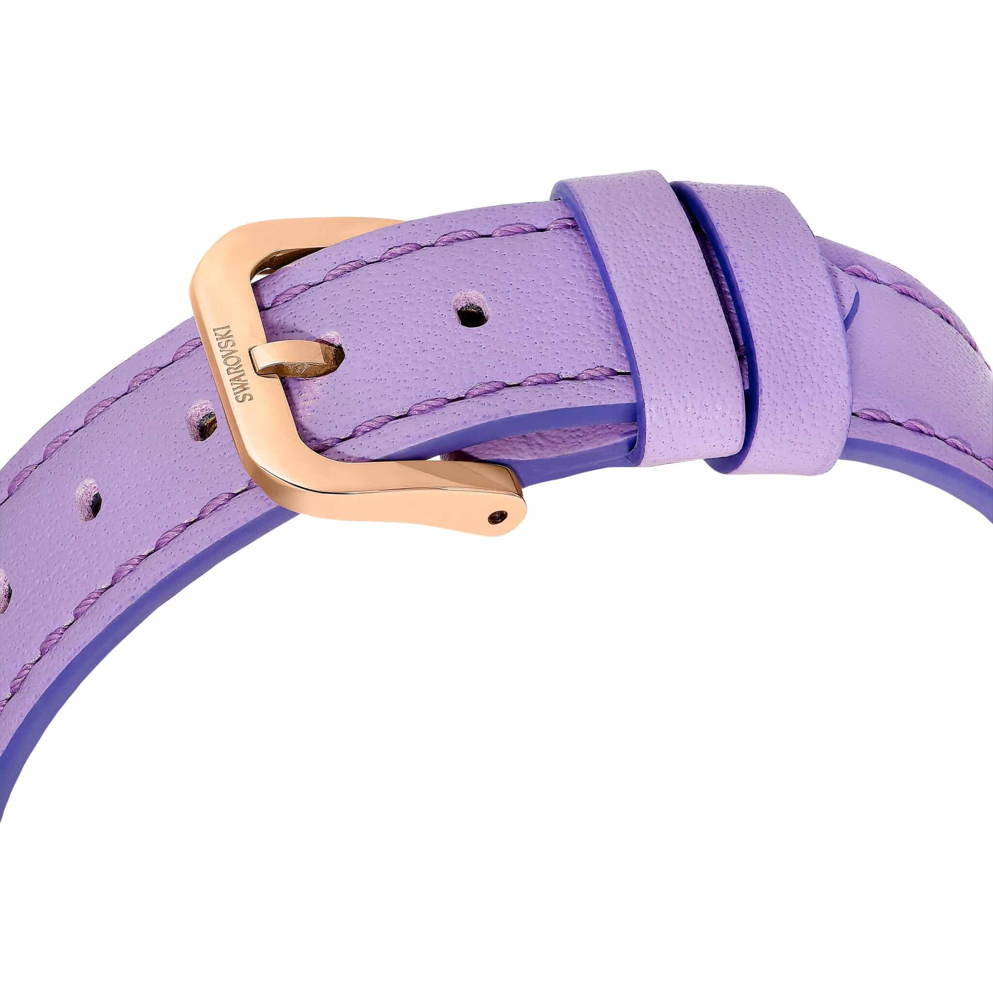 Swarovski Crystalline Lustre Swiss Made watch with purple leather strap and rose gold-tone finish, showcasing elegant design and crystal details.