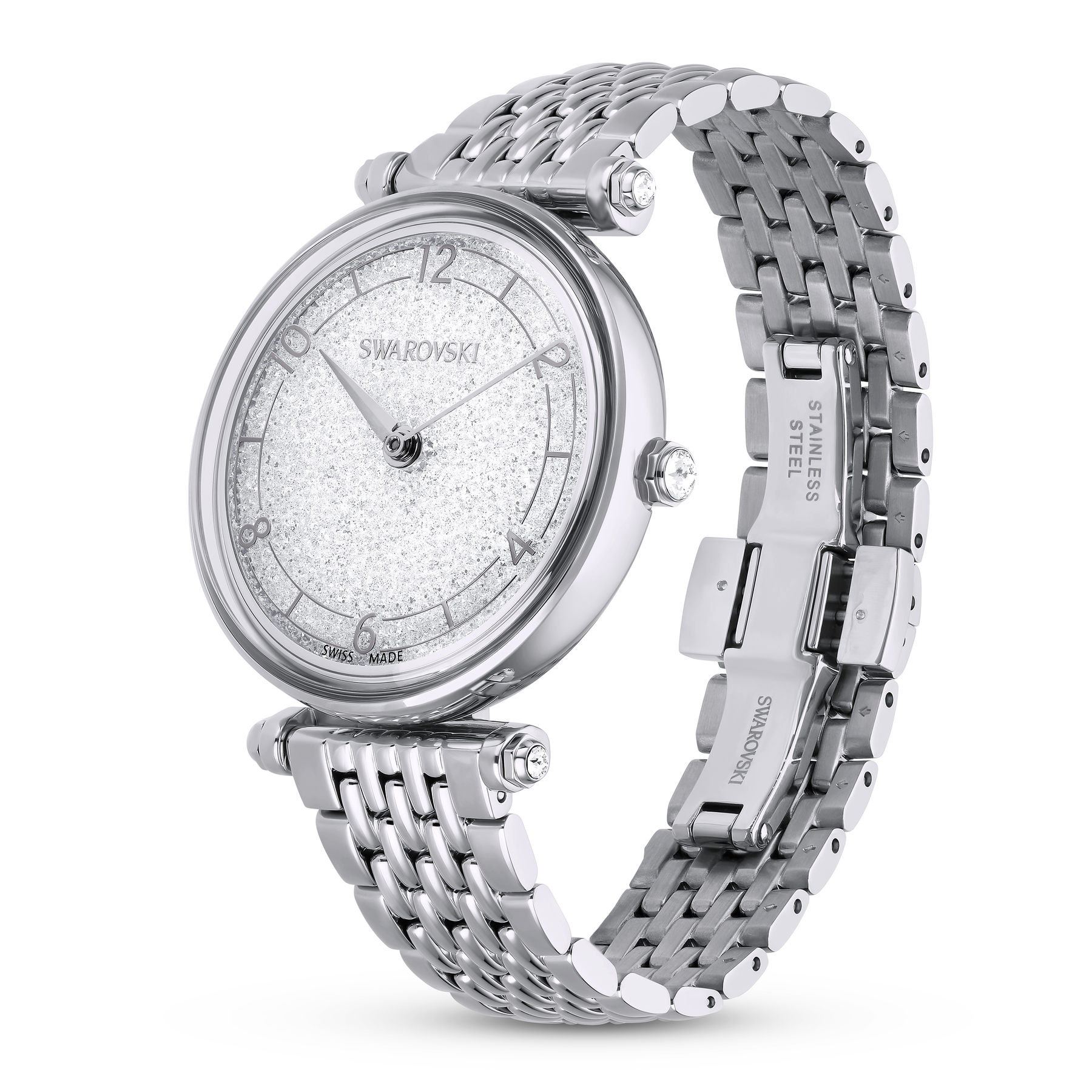 Swarovski Crystalline Wonder watch with silver-tone stainless steel metal bracelet, Swiss Made, elegant and modern design.
