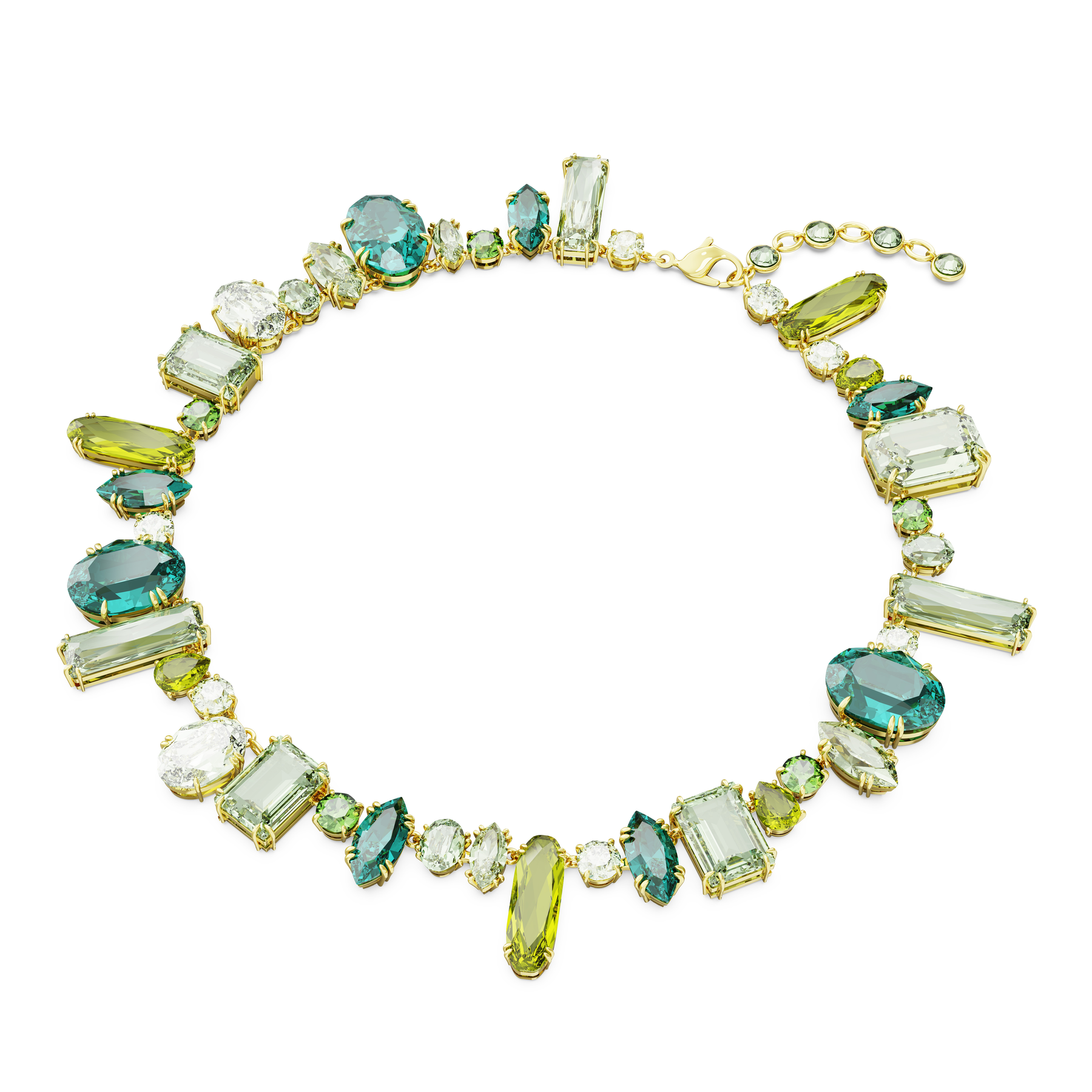Swarovski Gema necklace with green mixed-cut crystals on gold-tone plated chain, by Bohemia Crystal.