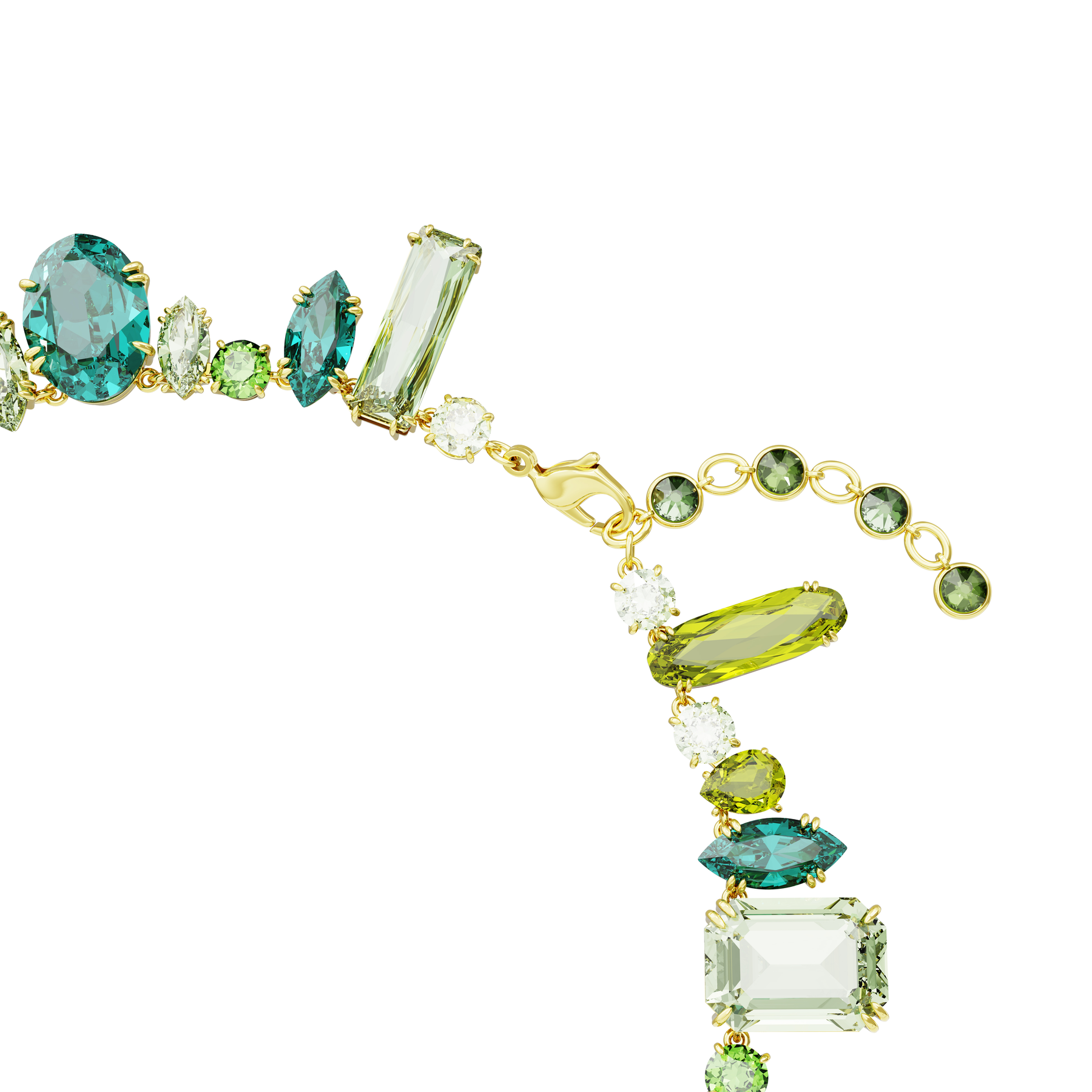Swarovski Gema necklace with green mixed-cut crystals on gold-tone plated chain, by Bohemia Crystal.