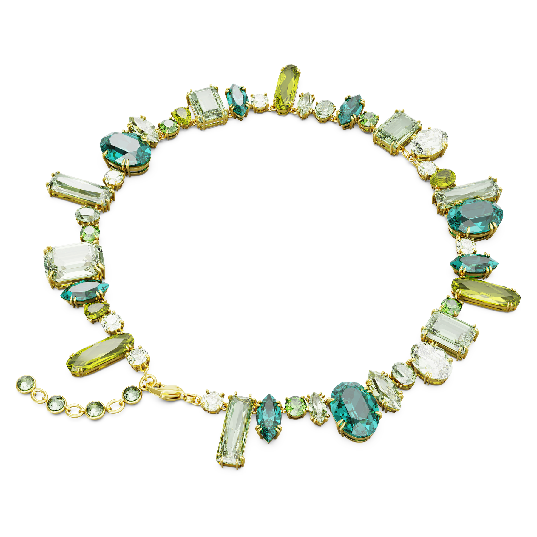 Swarovski Gema necklace by Bohemia Crystal with green mixed-cut crystals and gold-tone plated chain, displayed against a neutral background.