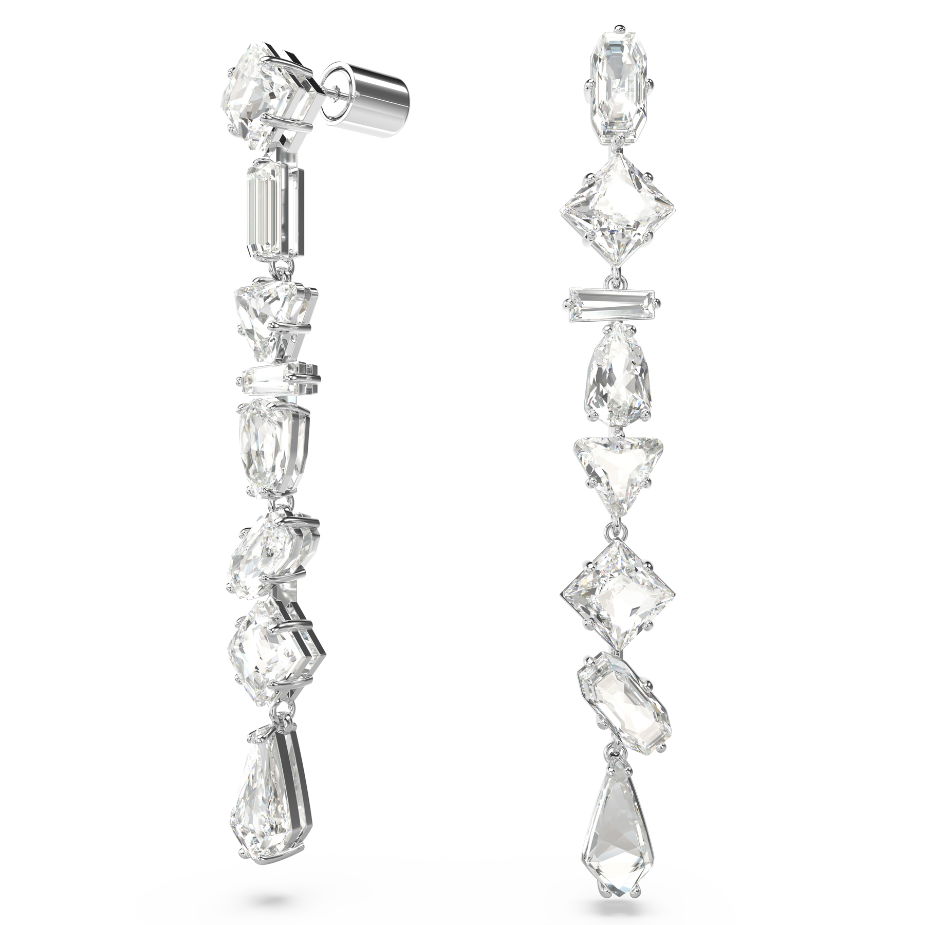 Swarovski Mesmera drop earrings with asymmetrical design, mixed cuts, long shape, white rhodium plating, elegant jewelry accessory