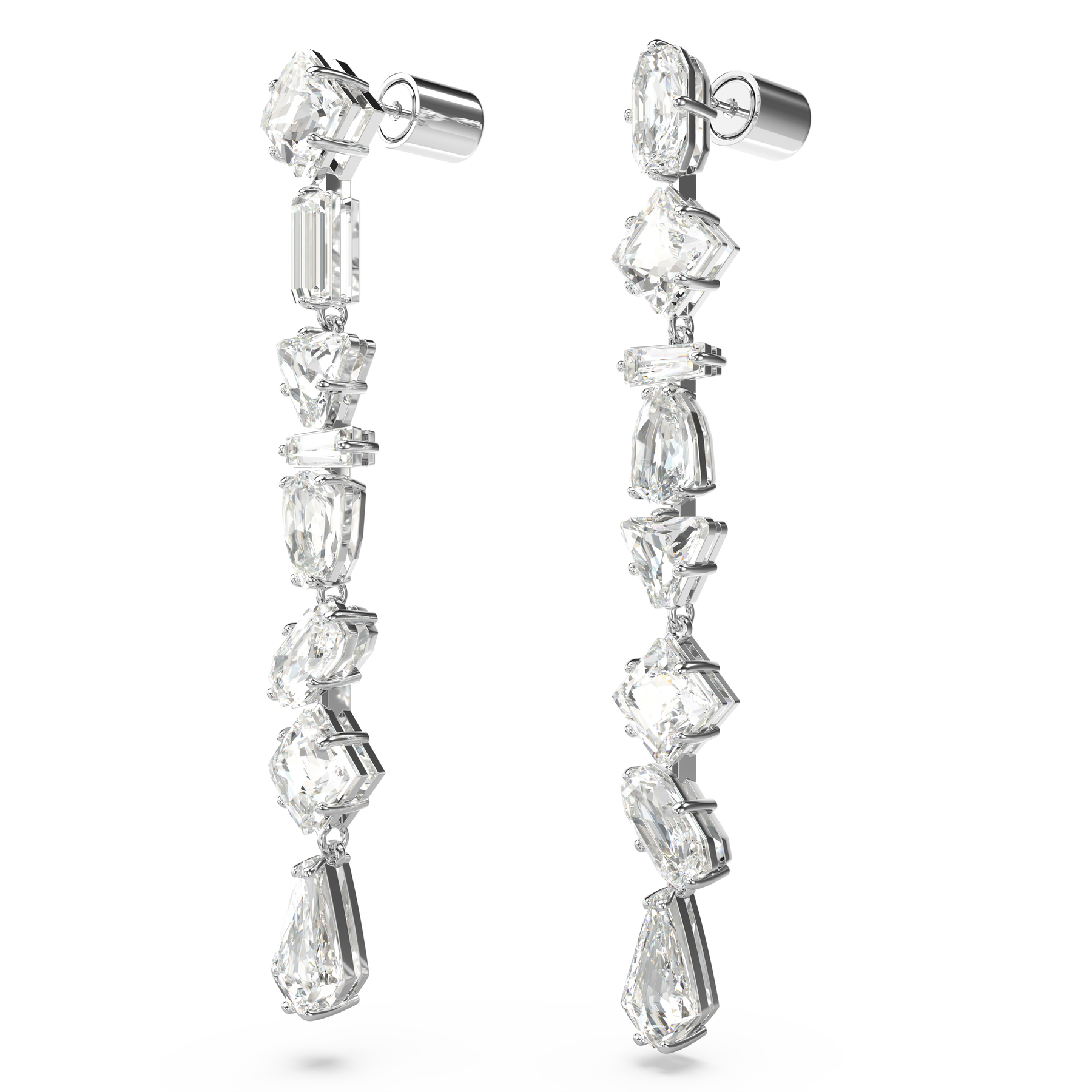 Swarovski Mesmera Drop Earrings with asymmetrical design, mixed cuts, long white stones, rhodium plating, elegant jewelry accessory