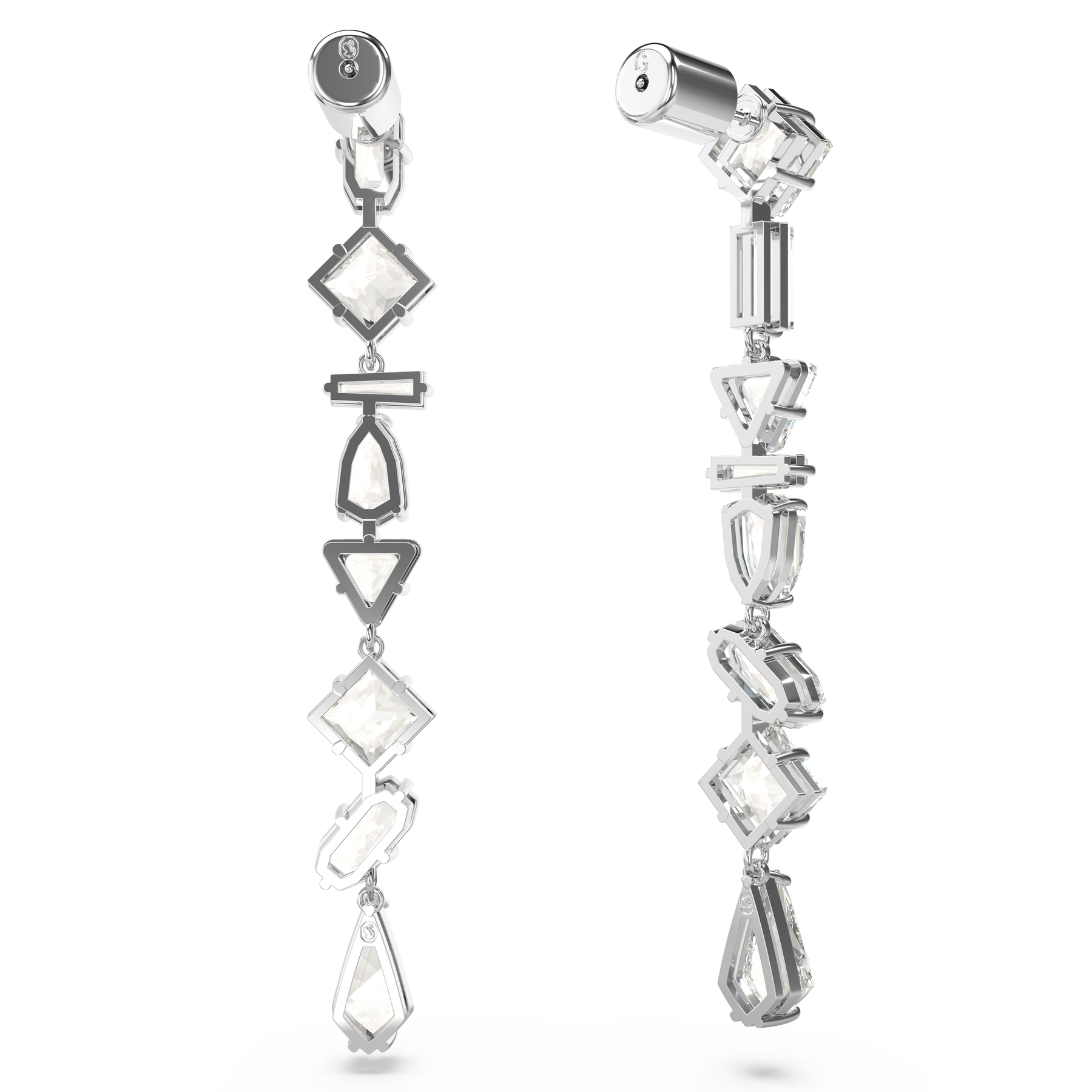 Swarovski Mesmera drop earrings with asymmetrical design, mixed crystal cuts, long shape, white rhinestone, and rhodium plating.