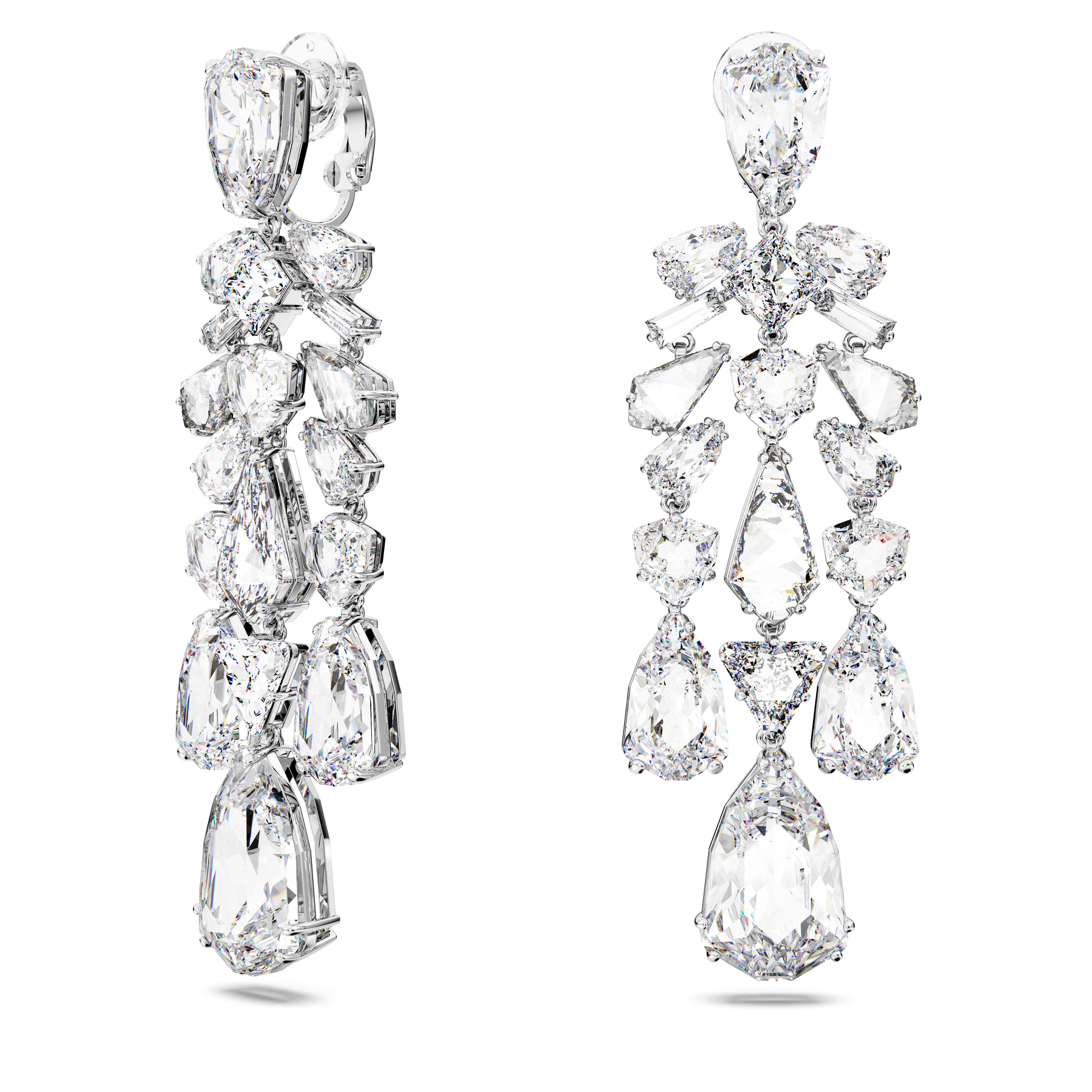 Swarovski Mesmera clip earrings with mixed cuts, chandelier style, white crystals, rhodium plated, elegant jewelry accessory