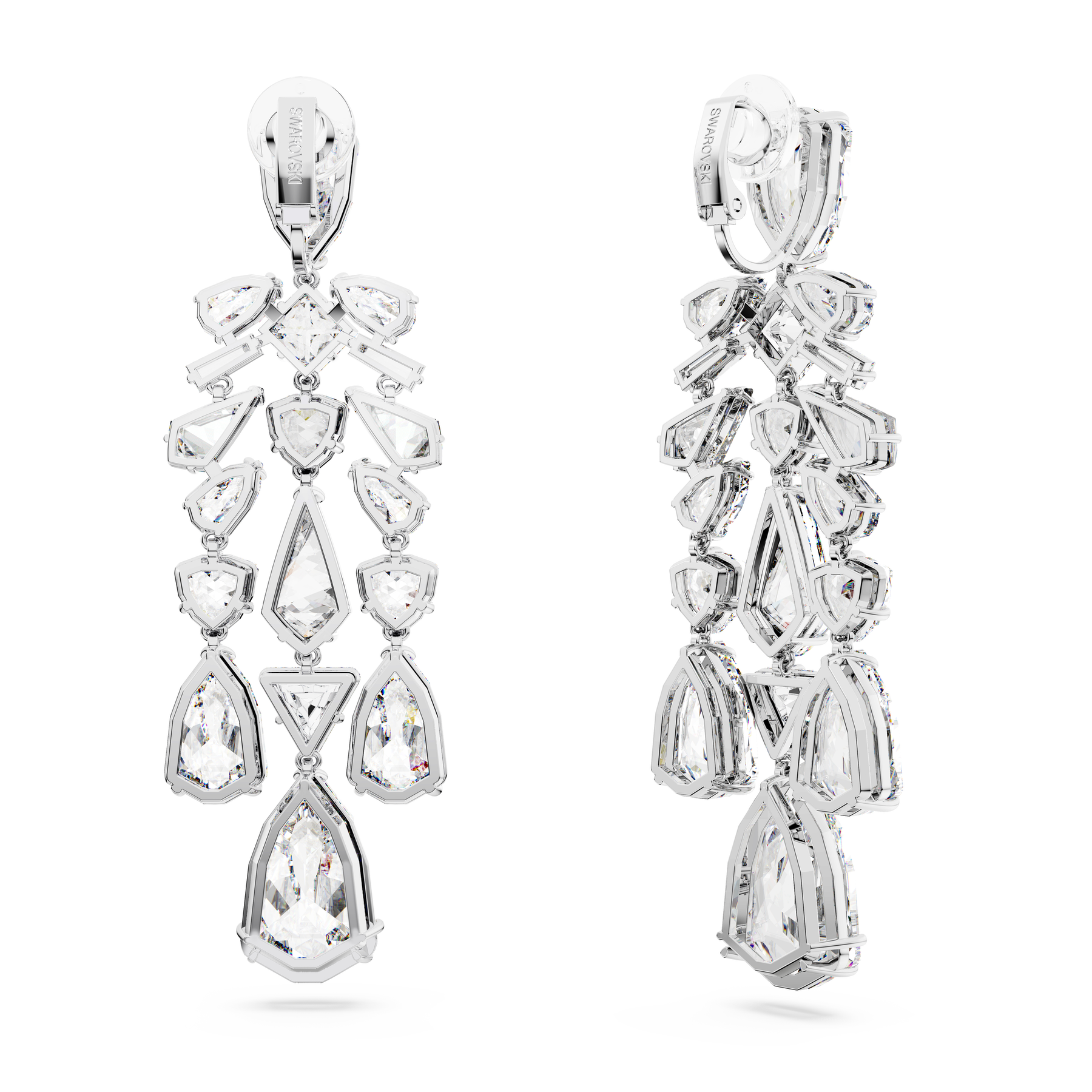Swarovski Mesmera clip earrings with mixed cuts, chandelier style, white crystals, rhodium plated, elegant jewelry accessory