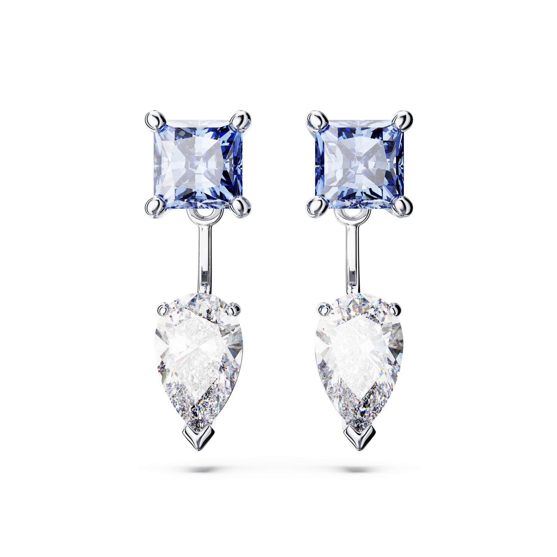 Swarovski Mesmera earring jackets with mixed cuts, detachable blue rhinestones, rhodium-plated jewelry accessory.