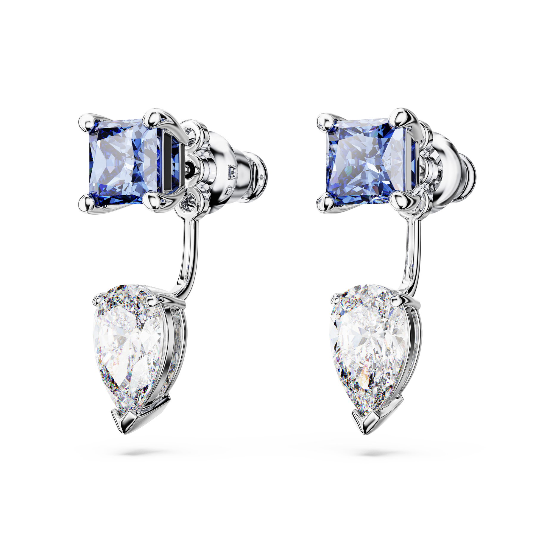 Swarovski Mesmera earring jackets with blue mixed cuts, detachable design, rhodium plated, showcasing elegant jewelry details.