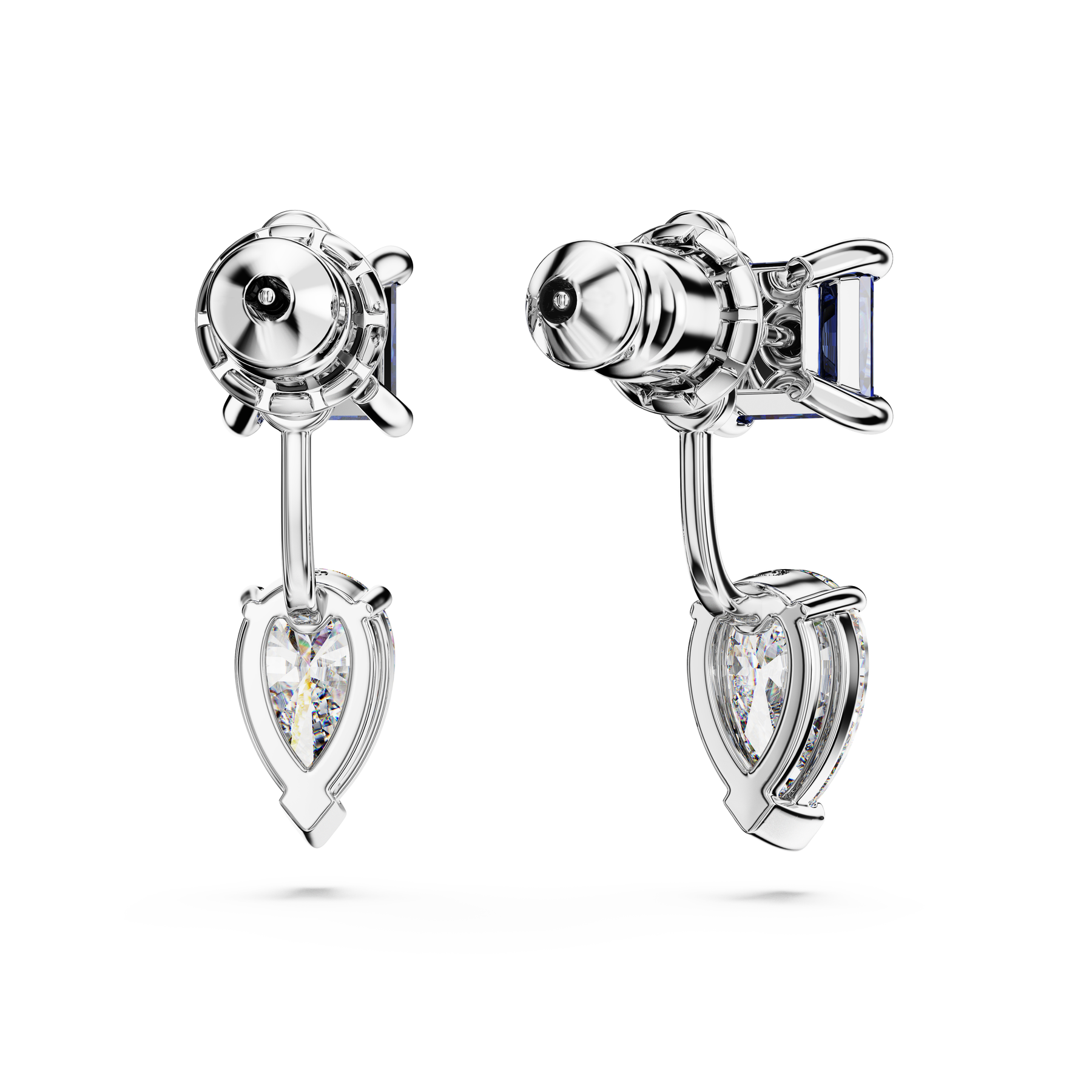 Swarovski Mesmera earring jackets with mixed cuts in blue, rhodium plated, detachable design, showcasing sparkling crystal details.