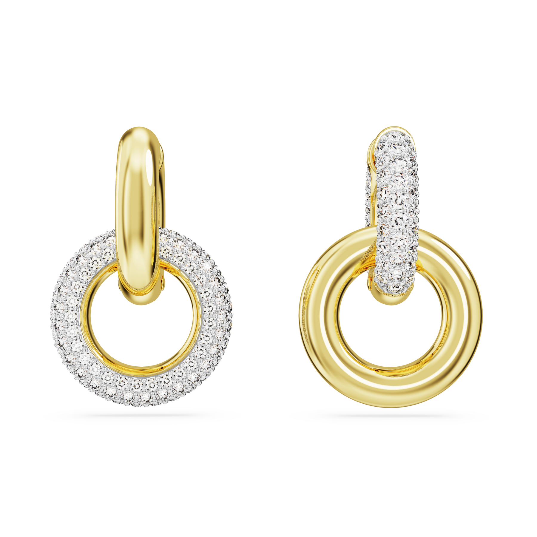 Swarovski Dextera hoop earrings with asymmetrical interlocking loops in white and gold-tone plated metal.
