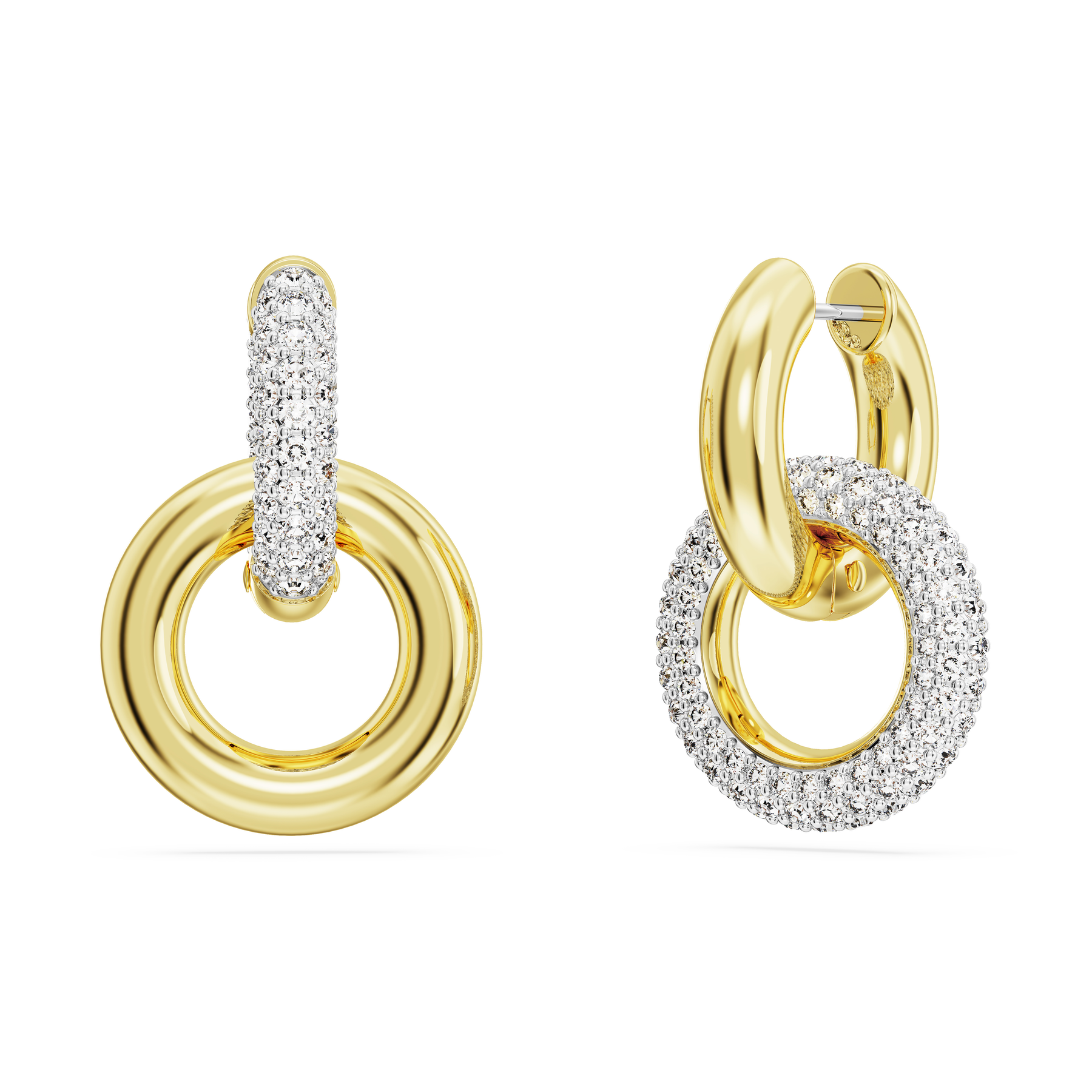 Swarovski Dextera hoop earrings with asymmetrical interlocking loops in white and gold-tone plated metal.