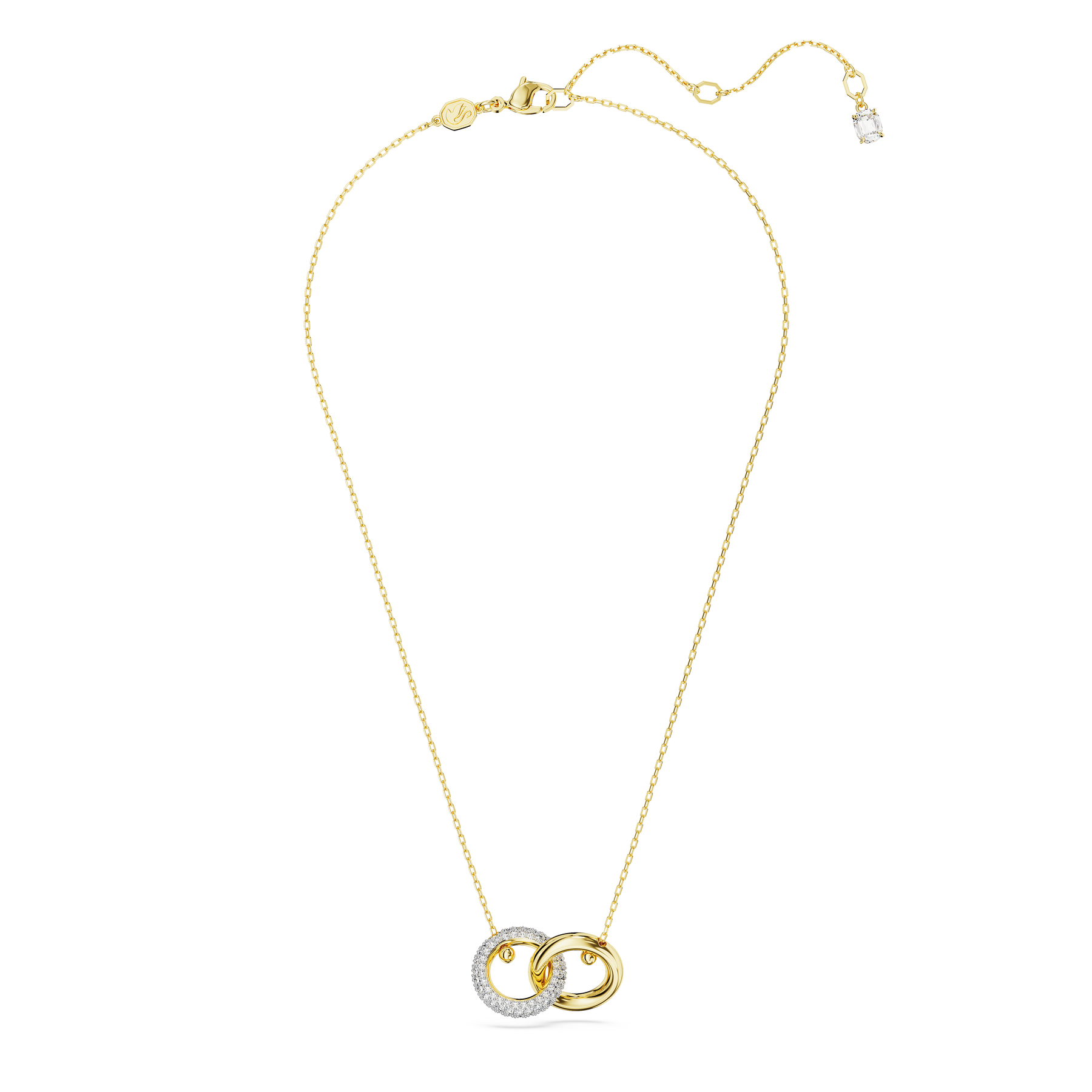 Swarovski Dextera pendant with interlinked gos design featuring sparkling crystal accents and a delicate silver chain.