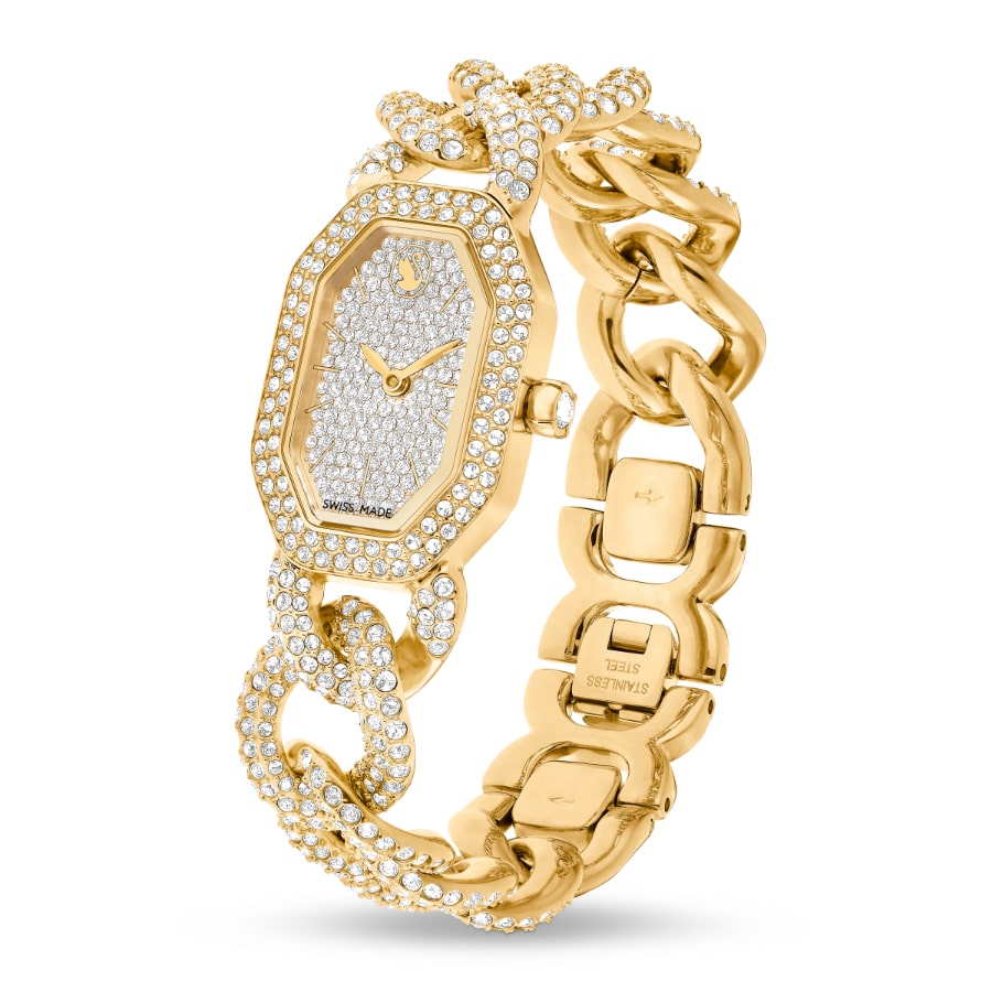 Swarovski Dextera gold-tone chain watch with crystal bracelet, Swiss Made, featuring a sleek gold finish and elegant design