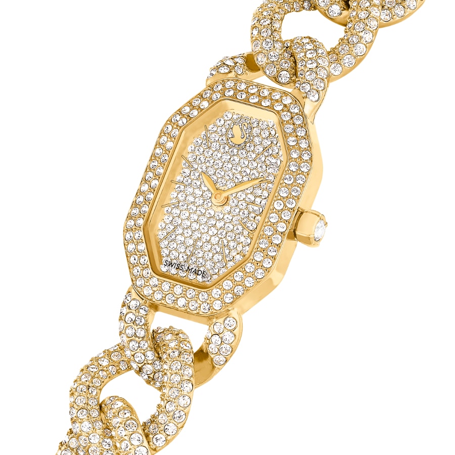 Swarovski Dextera chain watch with gold-tone finish, Swiss Made crystal bracelet, elegant gold-tone jewelry and timepiece.