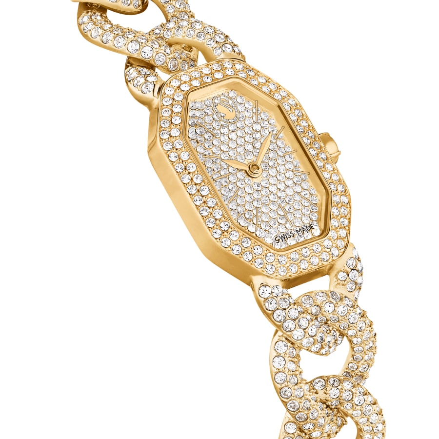 Swarovski Dextera chain watch with gold-tone finish, Swiss-made crystal bracelet, and elegant gold accents.