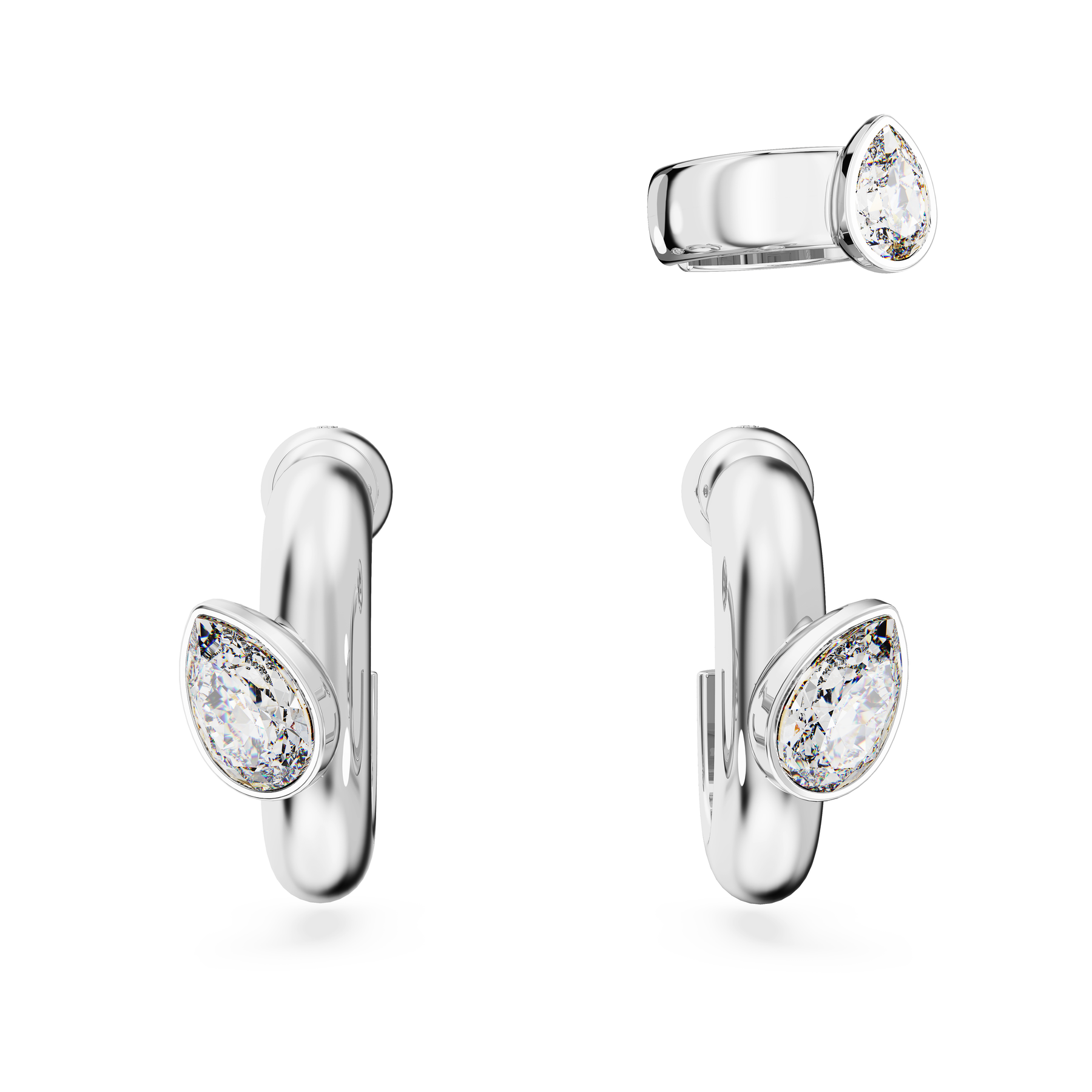 Swarovski Dextera hoop earrings with ear cuff set, featuring pear-cut white stones, rhodium-plated for a sleek, elegant look.