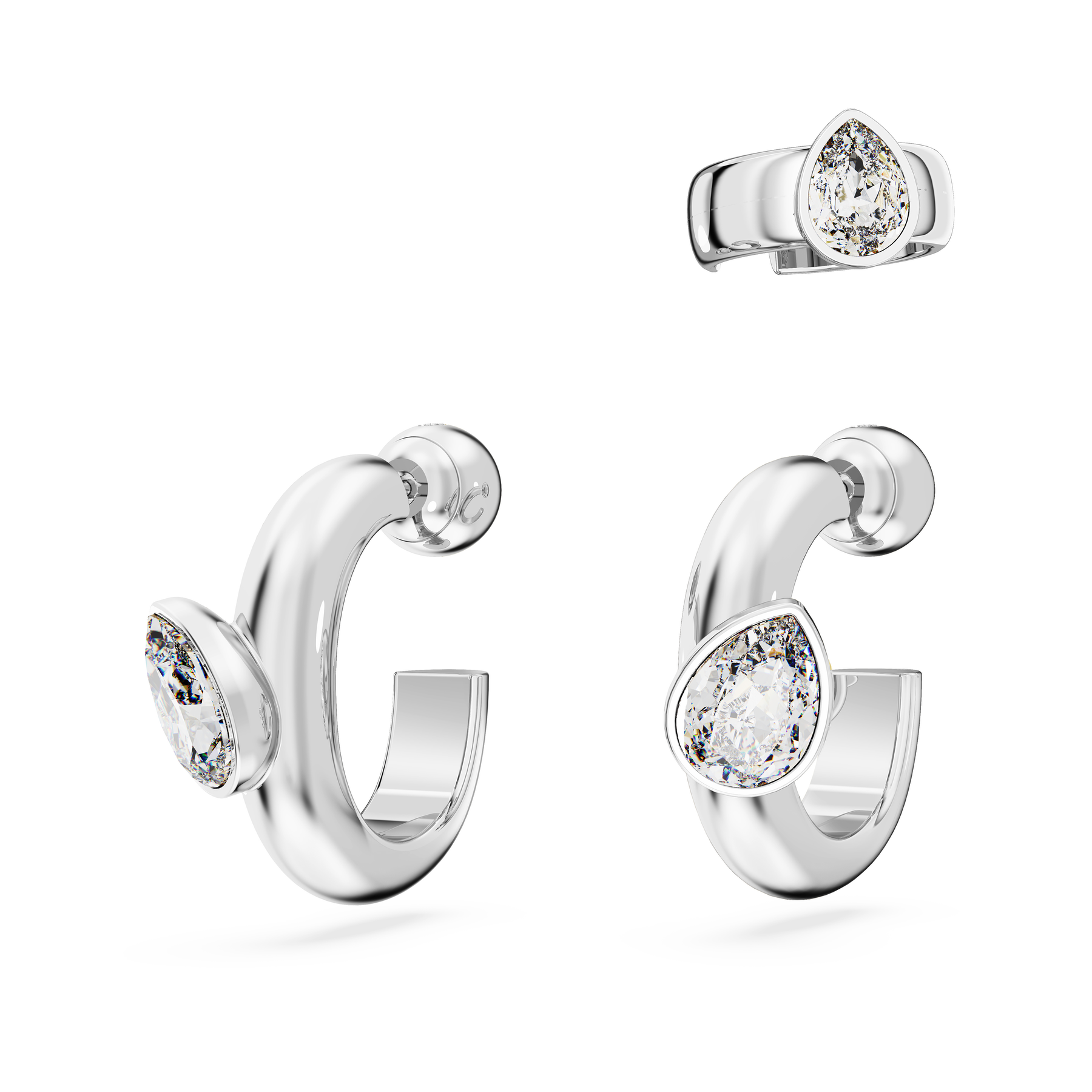 Swarovski Dextera hoop earrings with ear cuff set featuring pear-cut white crystals and rhodium plating, elegant jewelry for women.